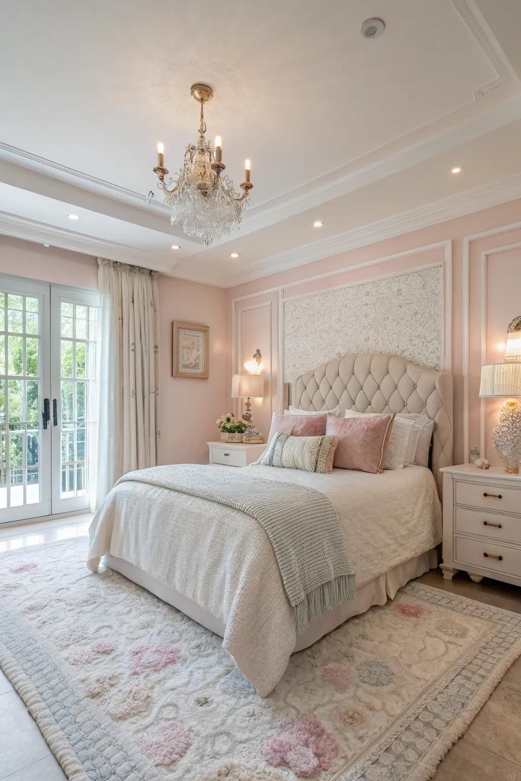 Gentle colors fashion a calming and serene atmosphere to this ample boudoir.