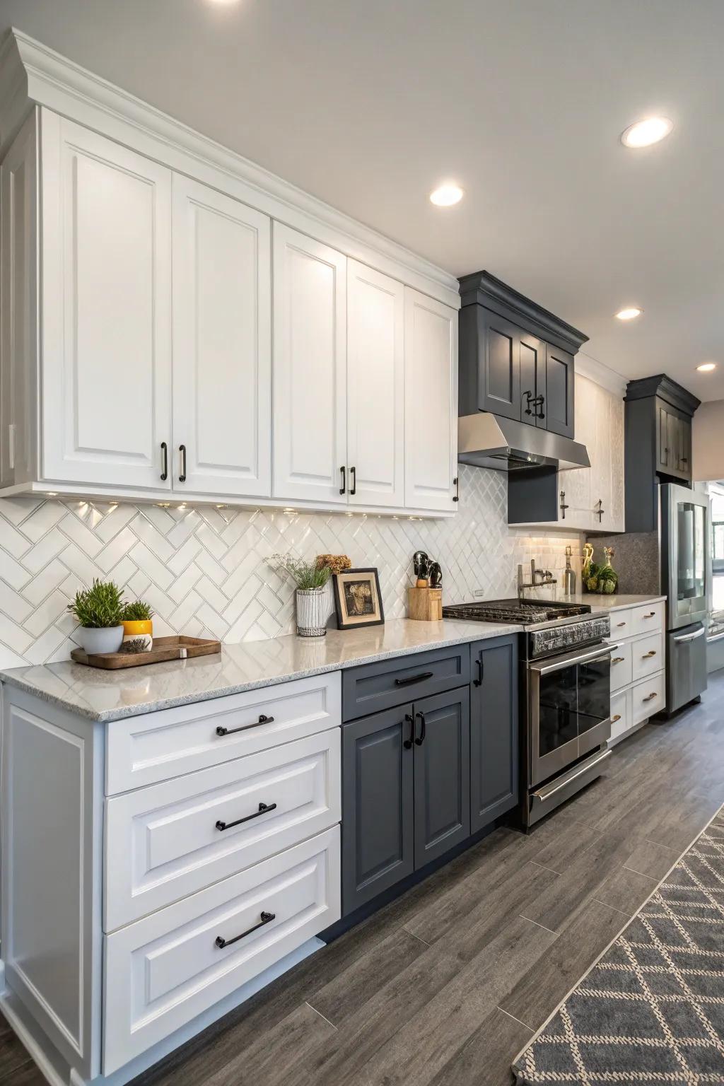 A kitchen featuring two-tone cabinets for added visual interest.