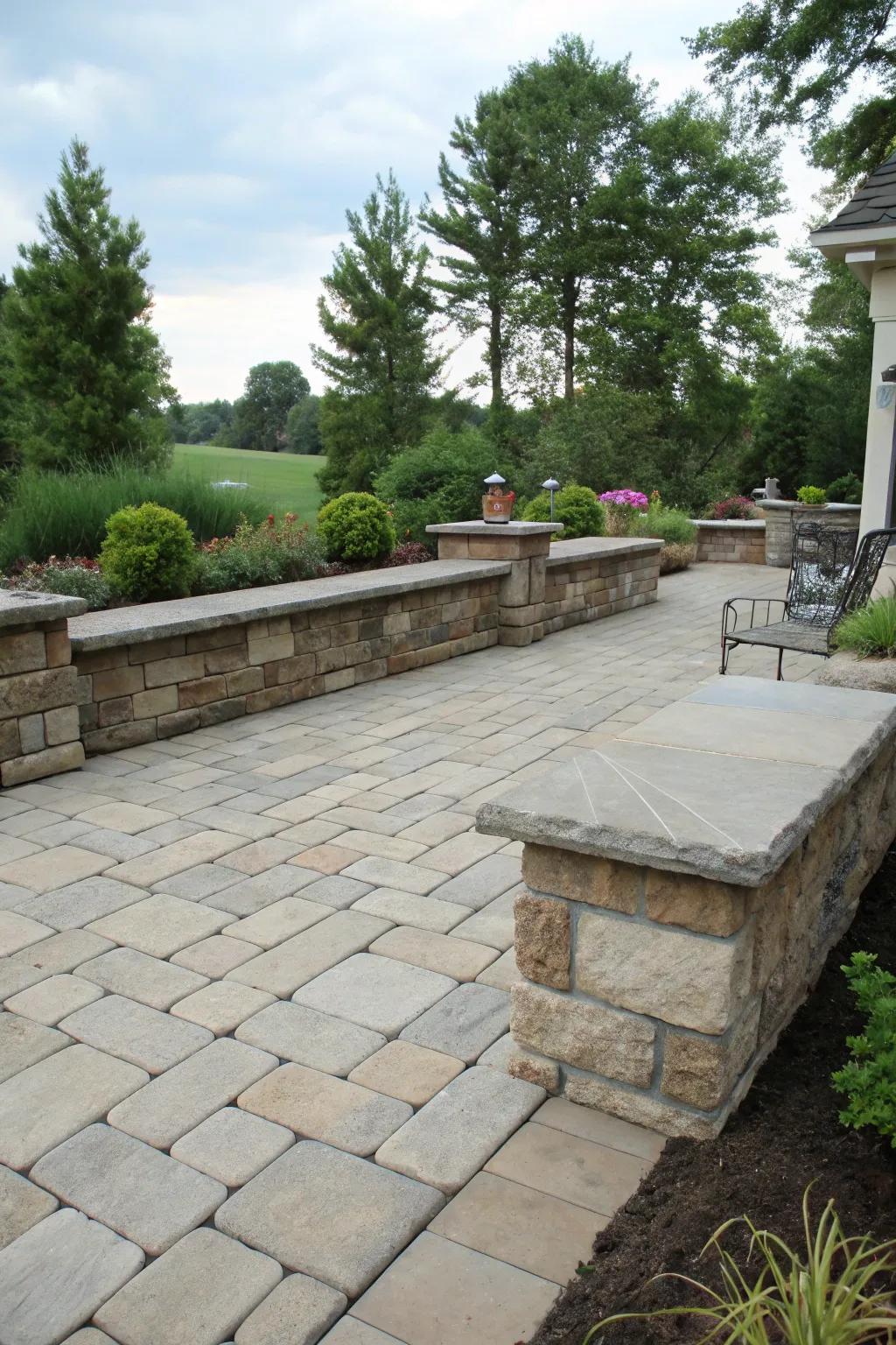 Integrated seating enhances the practicality of this patio.