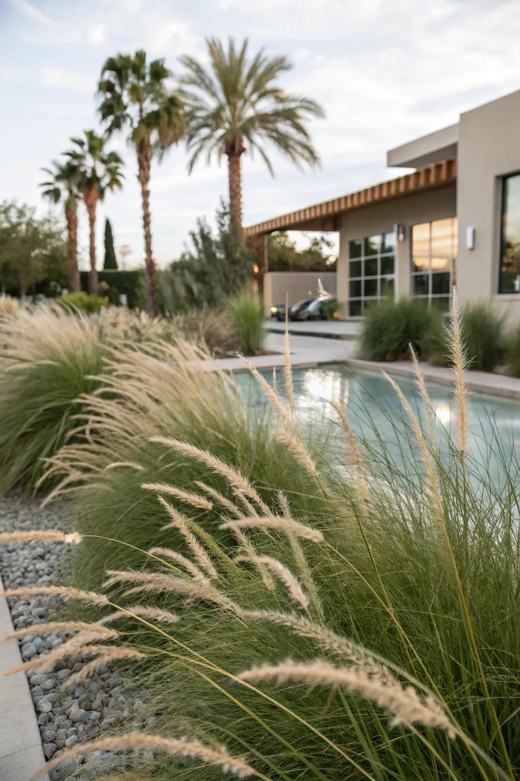 Decorative grasses providing seclusion in a Las Vegas backyard.