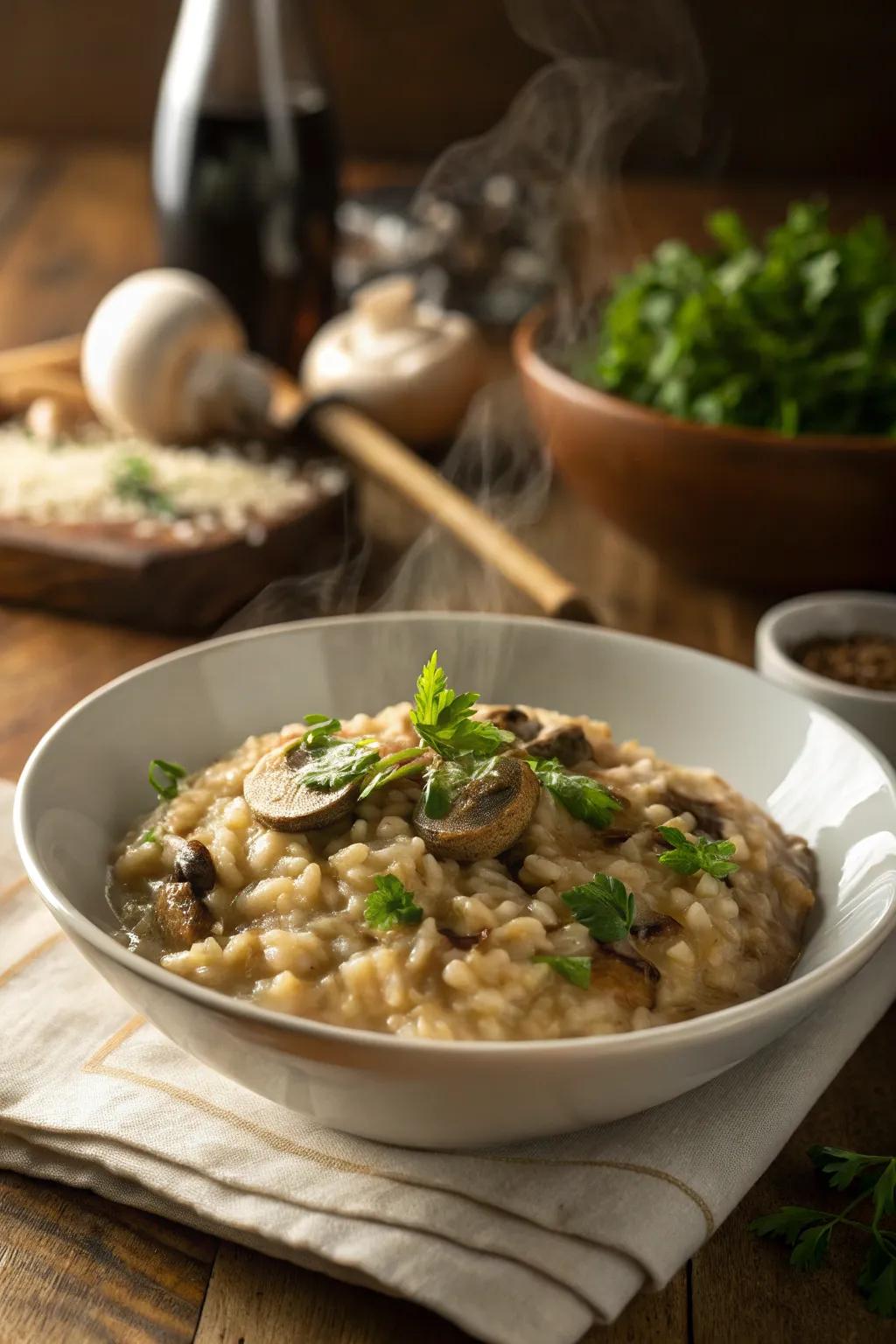 Mushroom rice, creamy and rich for a late-night treat.