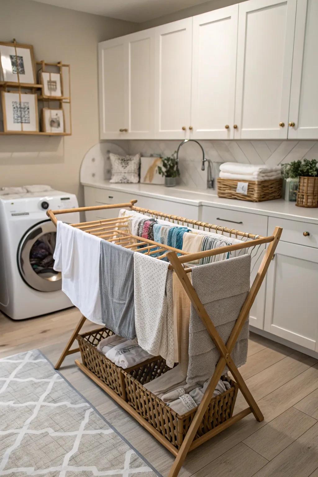 In a washing area, a piece of furniture cleverly transforms into a drying shelf.