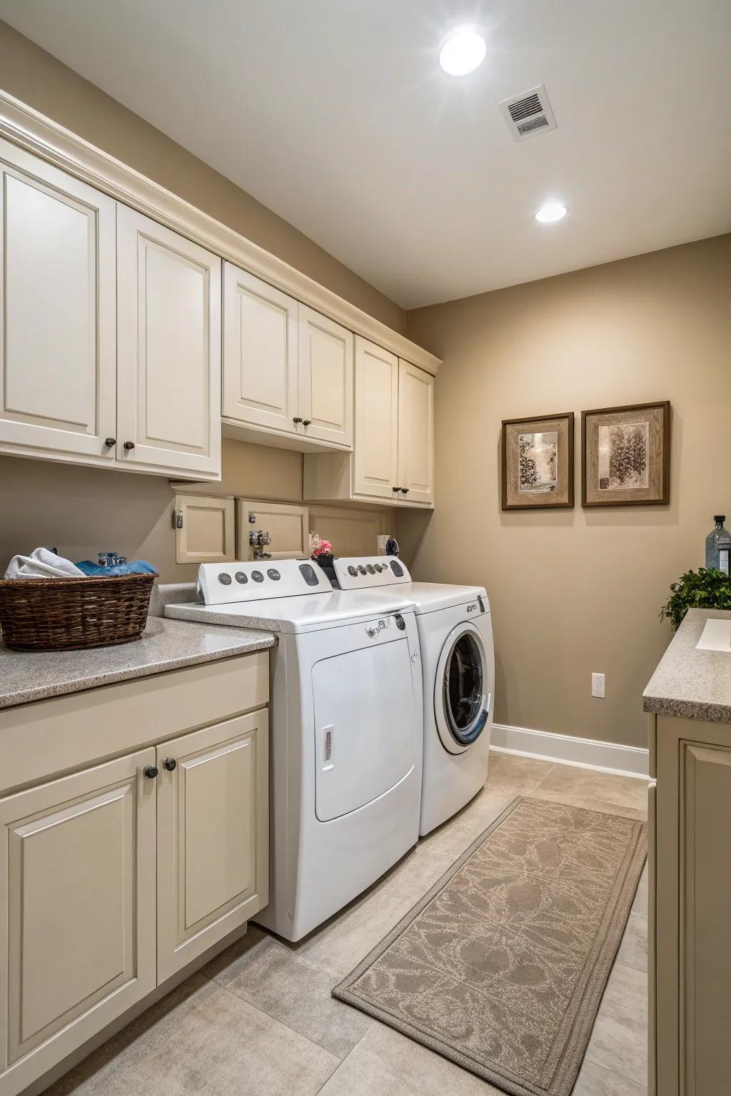 The neutral tones give the laundry room a tranquil, classic feel.