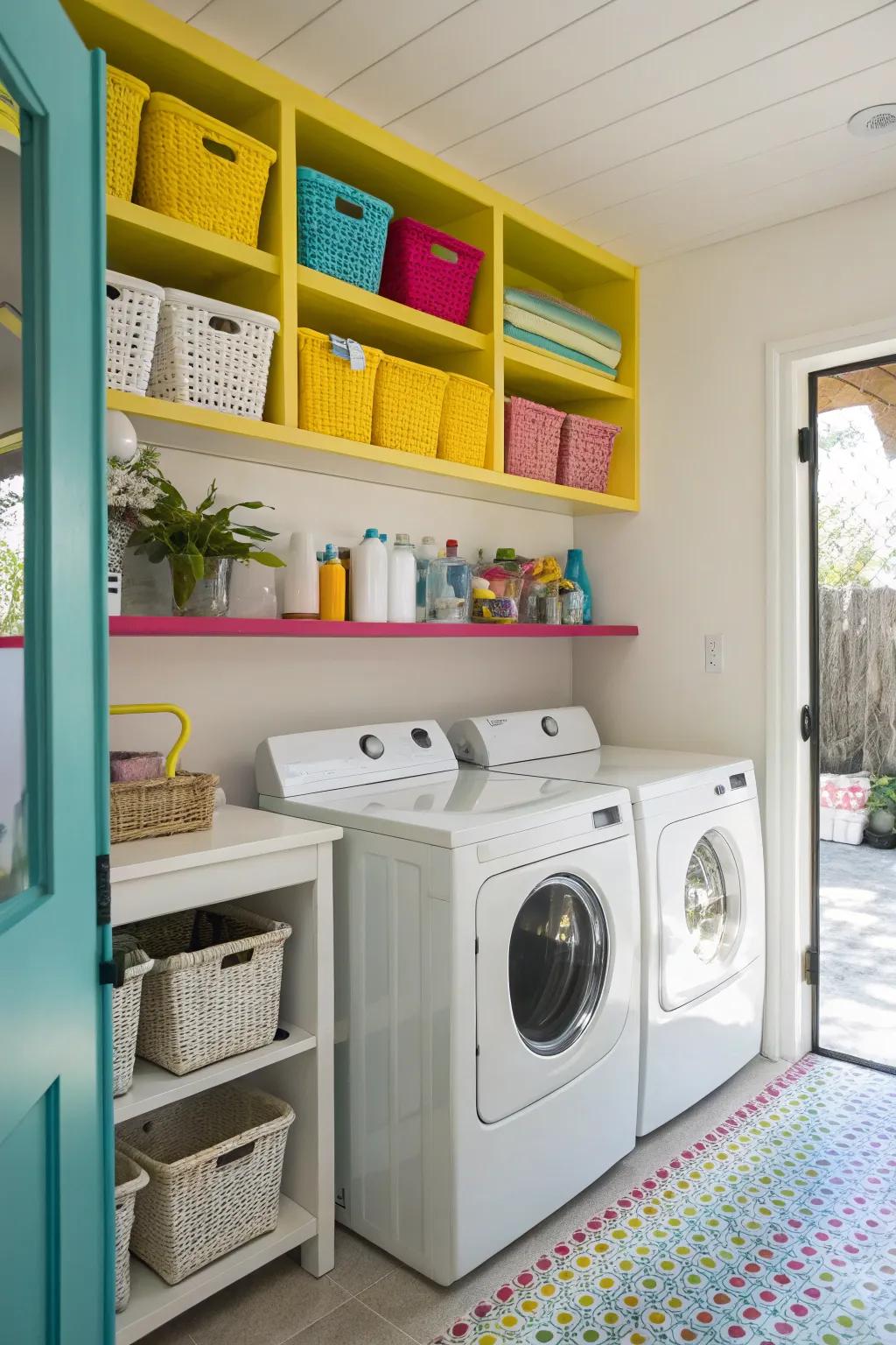 Brightly painted shelves add a splash of color and character.