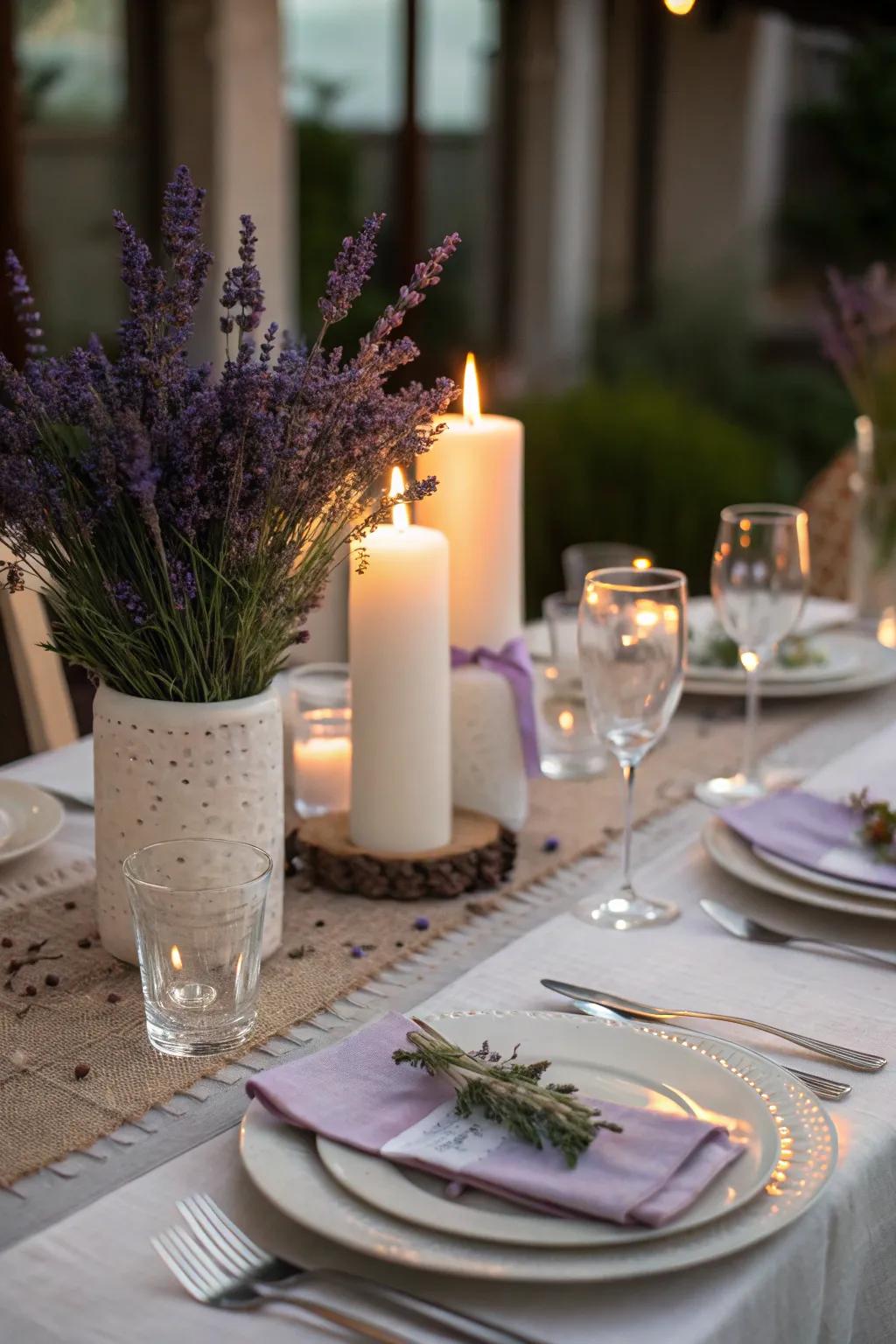 Elegance is redefined through the incorporation of a lavender centerpiece.