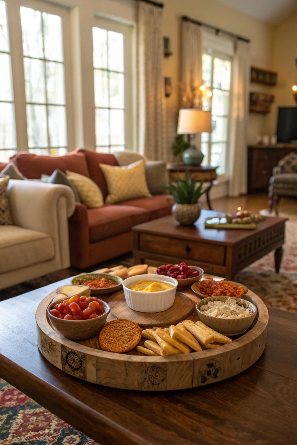 A fun snack station featuring a spinning organizer, perfect for entertaining guests.