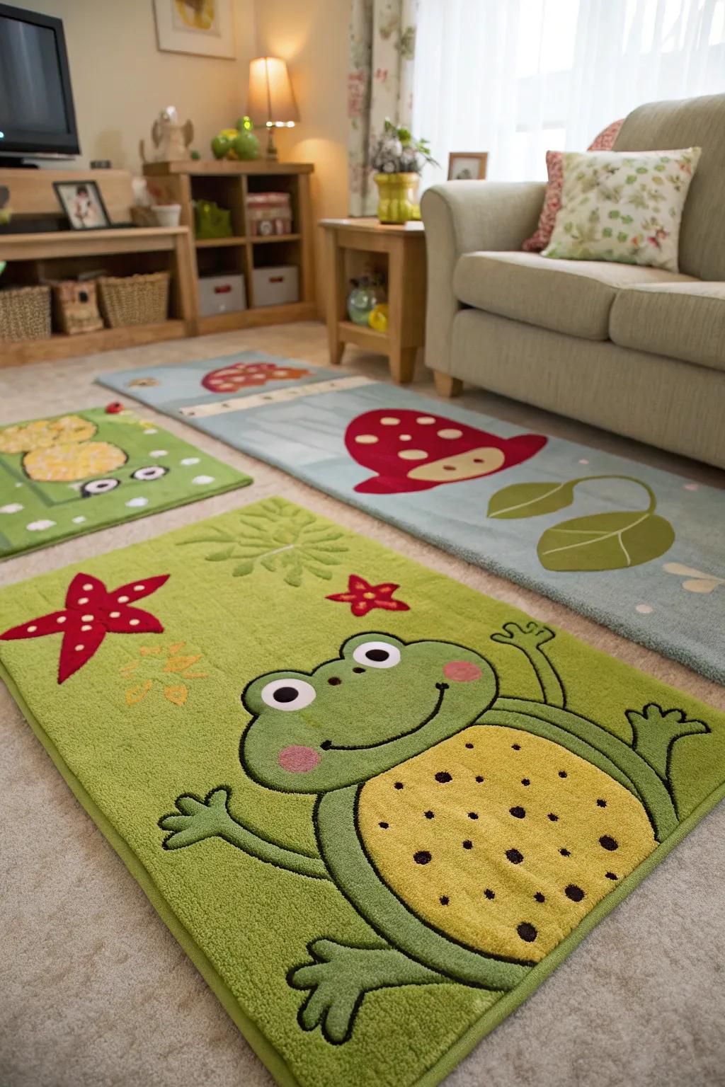 Amphibian-themed rugs infuse a whimsical essence into your flooring.