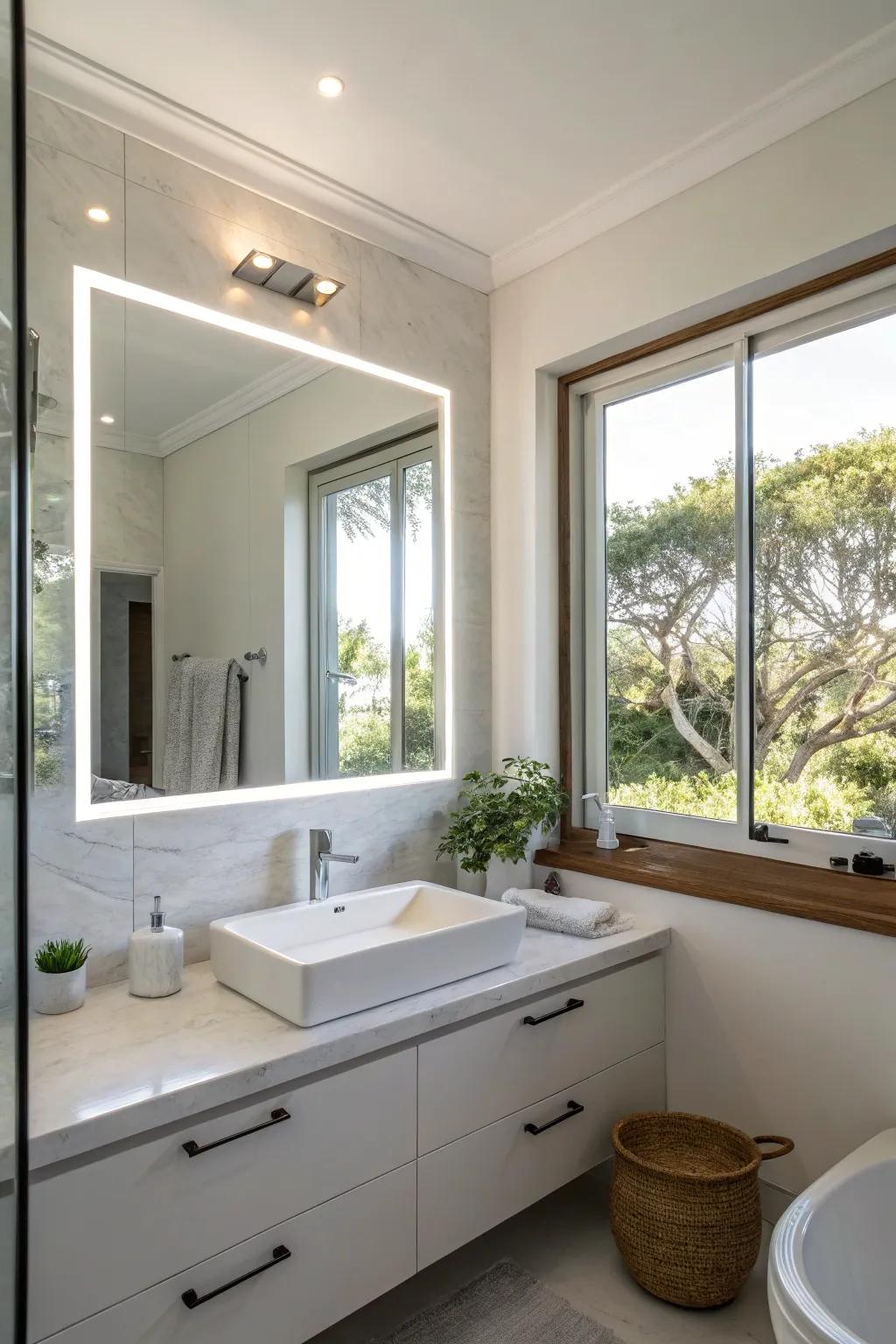 A bright bathroom featuring an illuminated mirror positioned to capture natural light.