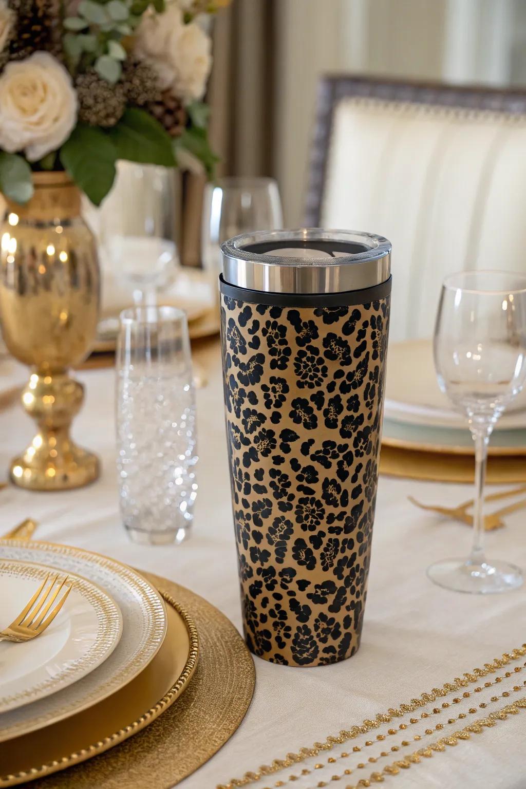 Effortlessly classy charcoal and aurum wildcat motif tumbler for refined social events.