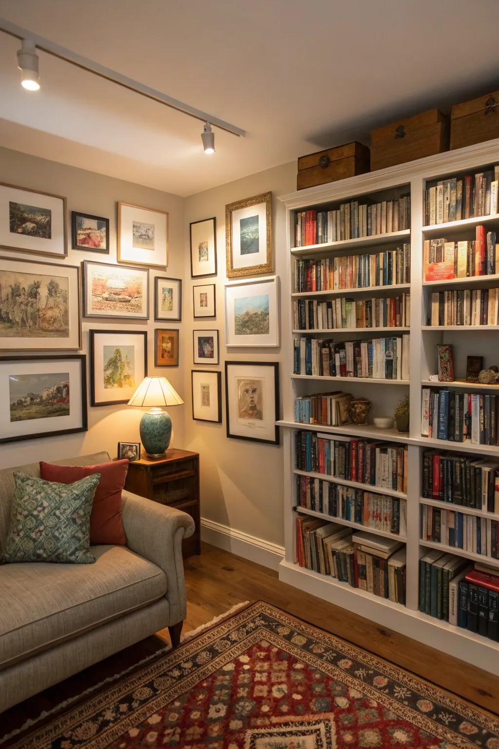 A gallery wall of art and literature for personalization.