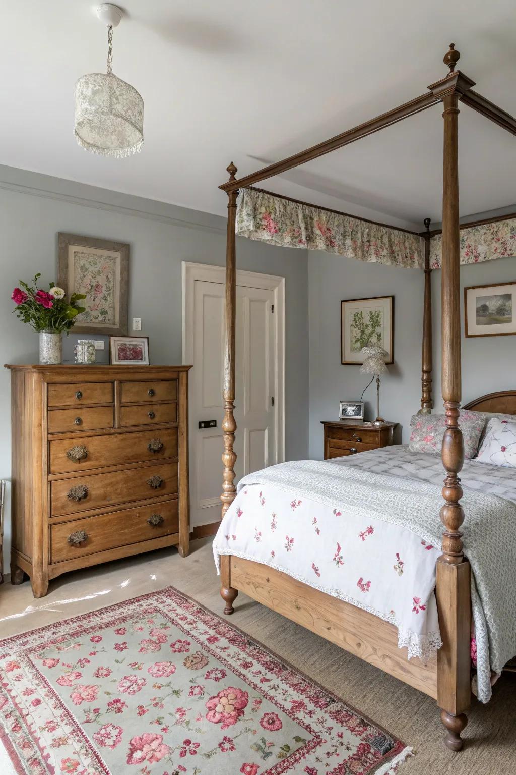 Vintage furniture adds character to a pale grey sleeping space.