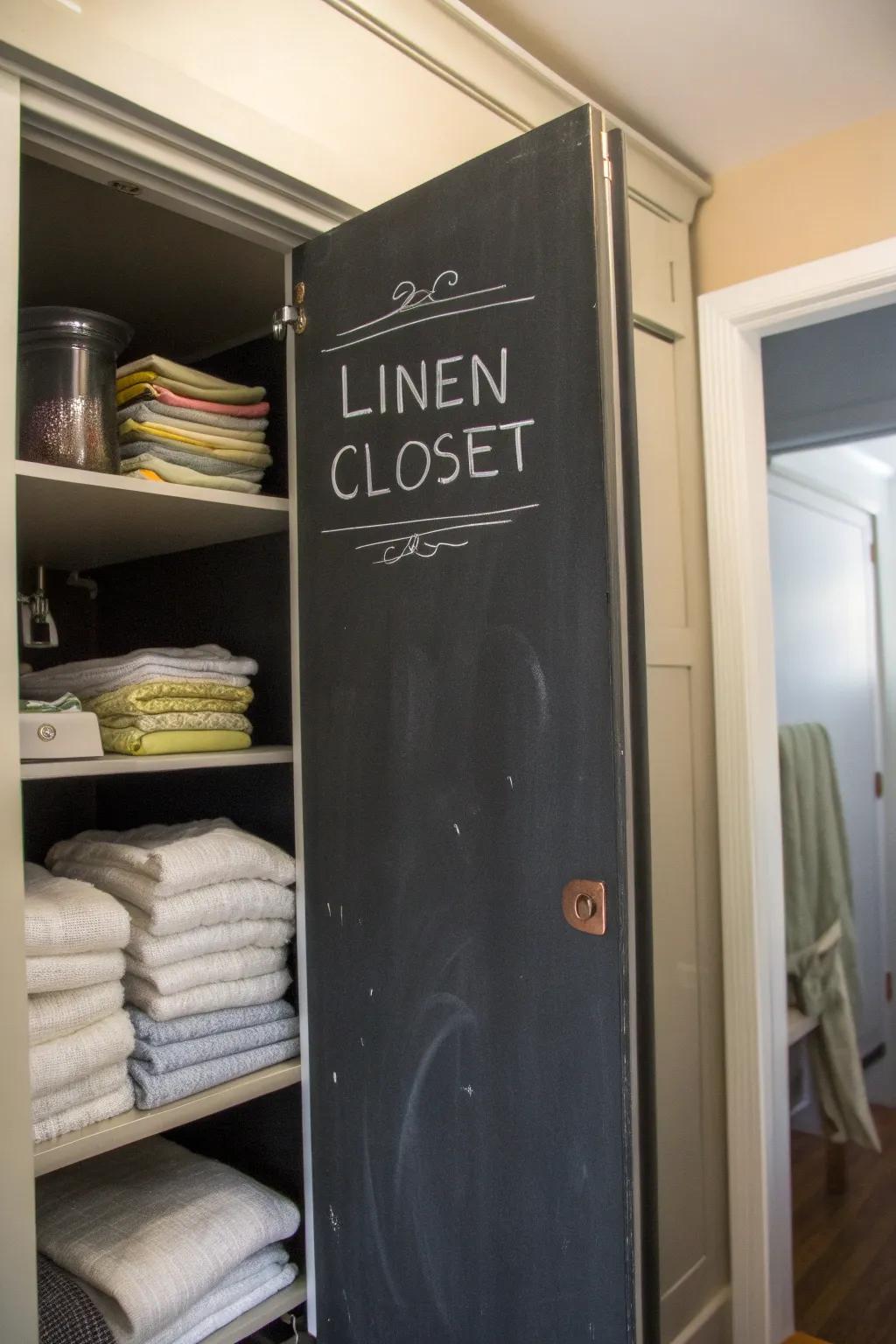 Graphite canvas doors append a playful and utilitarian element to a linen closet.