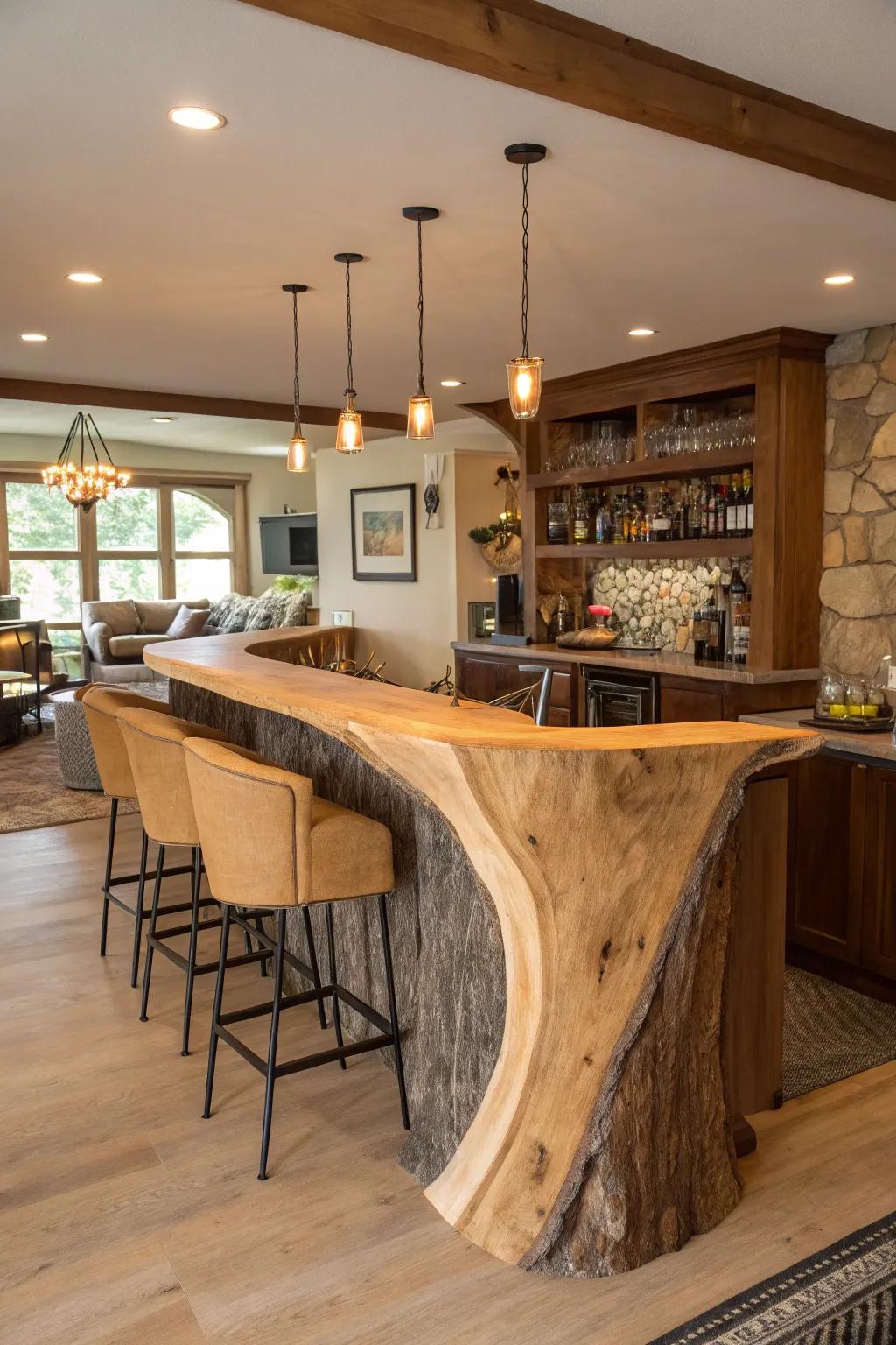 An unexpected natural-edge bar contour that introduces a creative twist to a home bar.