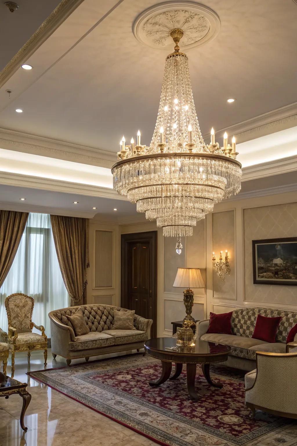 Pristine chandeliers exude luxury and elegance.