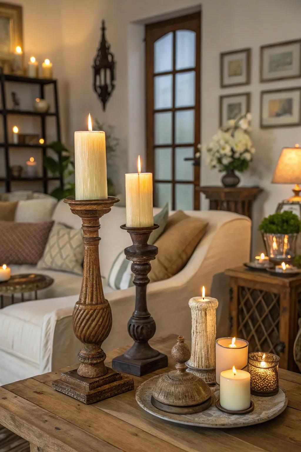 Wax lights and stands add warmth and visual intrigue to your Christmas ornamentation.