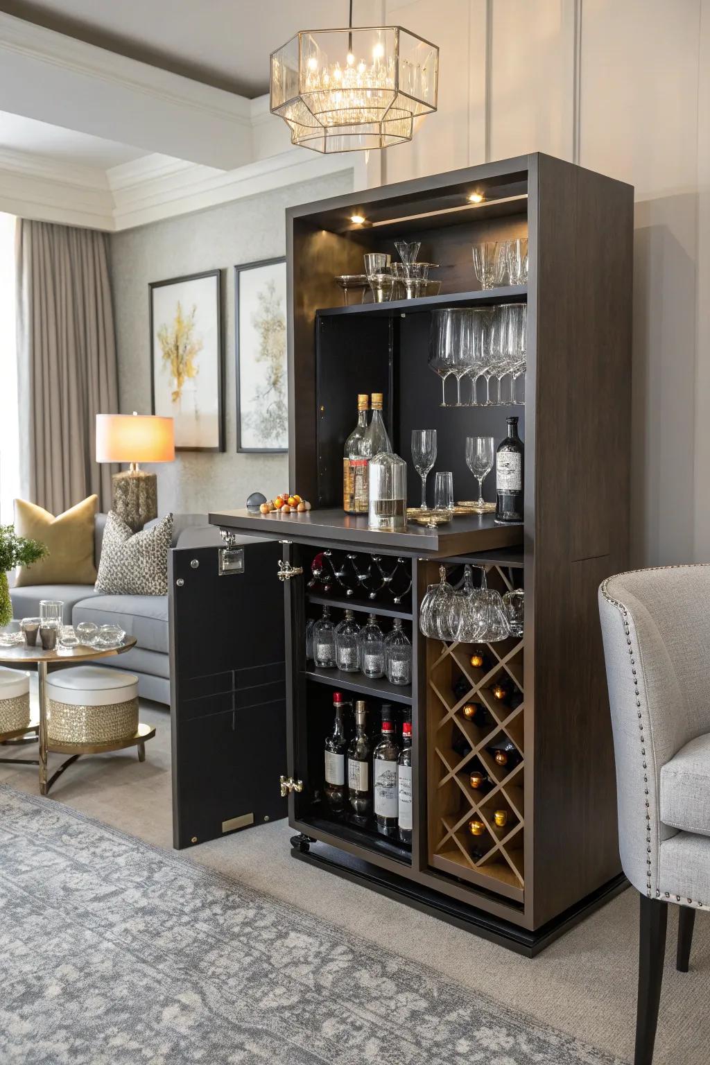 A chic, cozy libation station using cube storage for stylish entertainment.