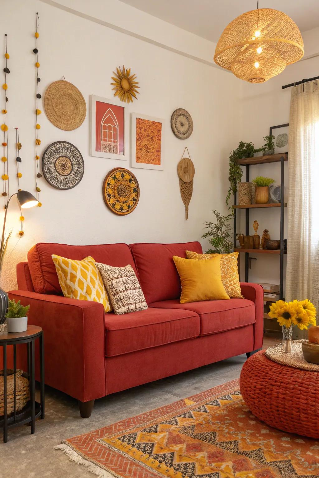 Analogous colors craft warmth and harmony, enhancing the ruby settee's welcoming vibe.