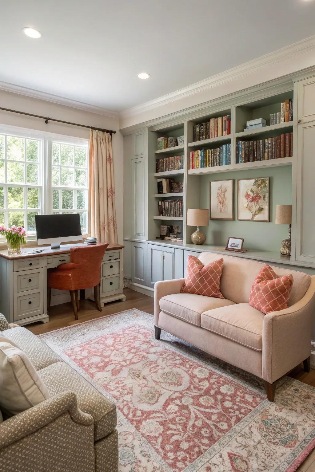 A harmonious color scheme unifies the living room and office.