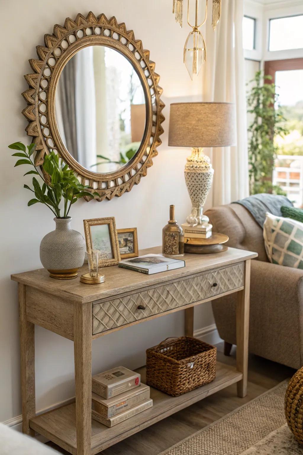 Mirrors on side tables creating the illusion of enhanced space.