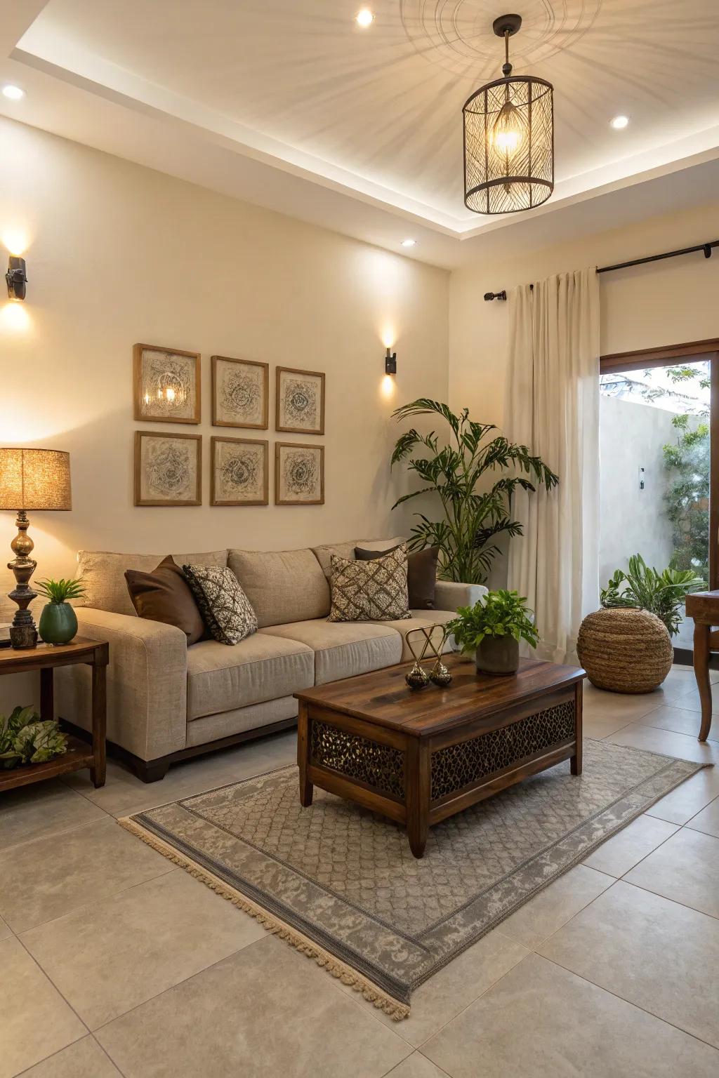 Harmonious living room with cohesive tile integration.