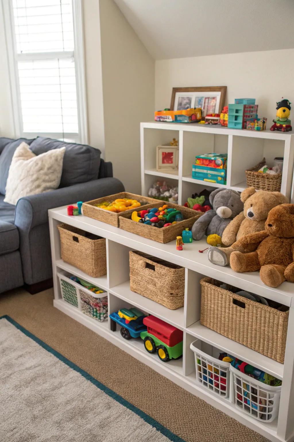 Making use of corners for toy storage frees up main living areas.