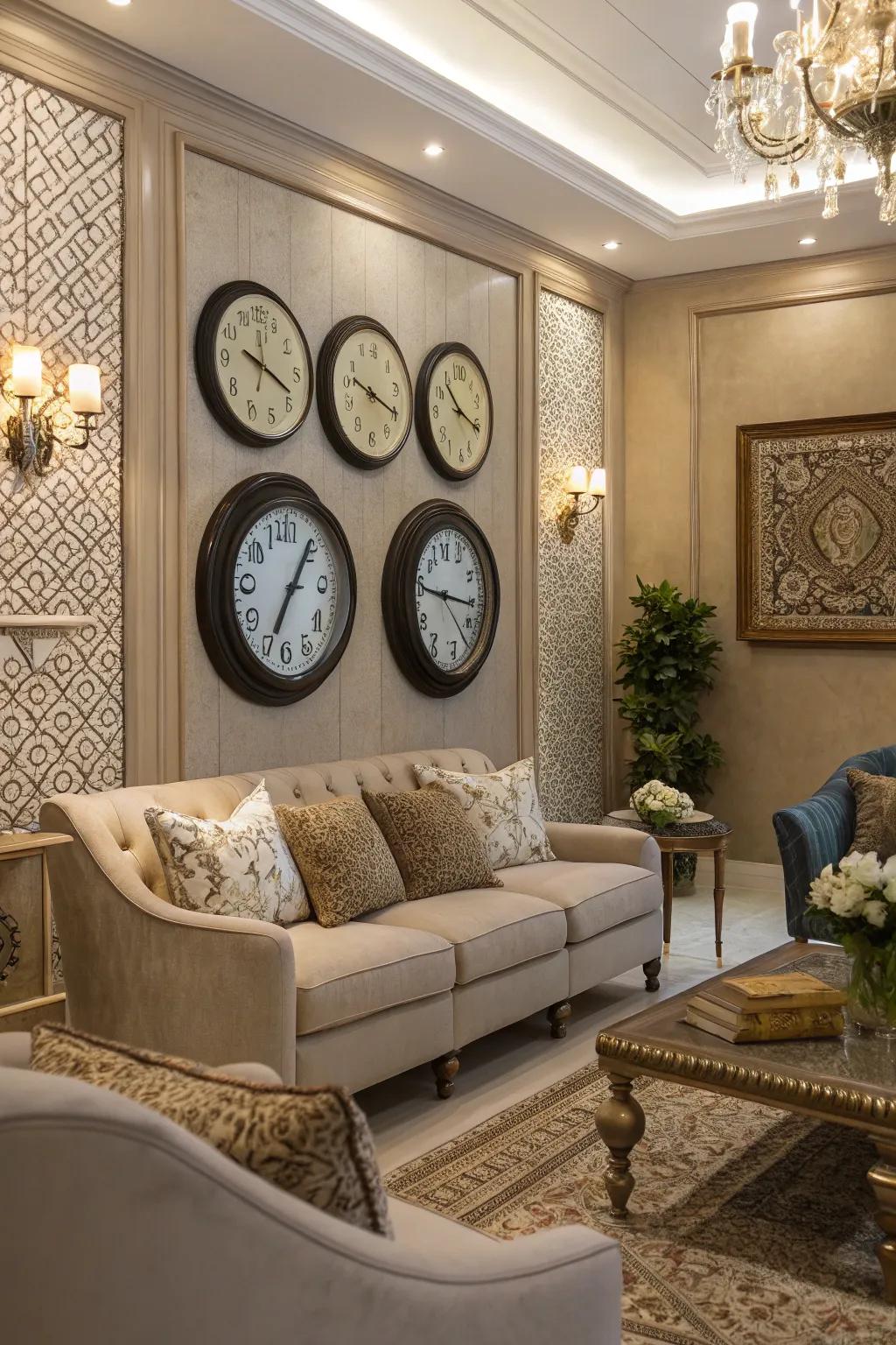 Multiple tickers indicating different time zones add a cosmopolitan touch.