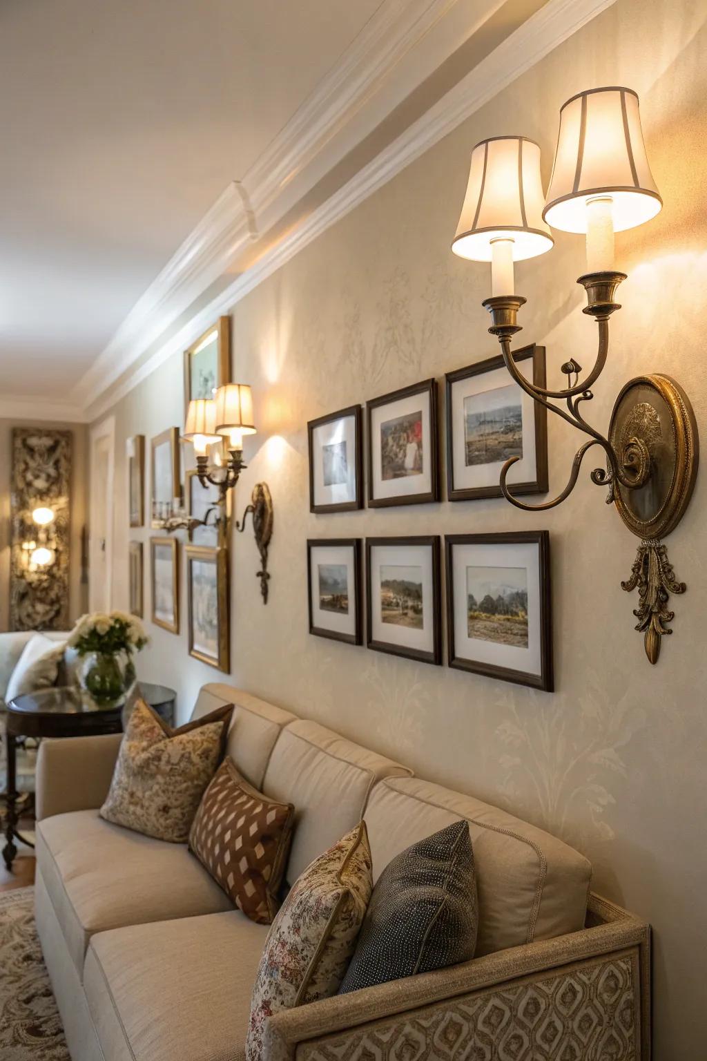 Sophisticated sconces incorporate ambient lighting into the living area.