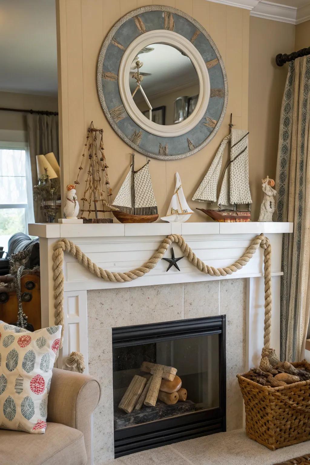 A fireside decor enhanced by a rounded mirror, unifying the overall appearance.