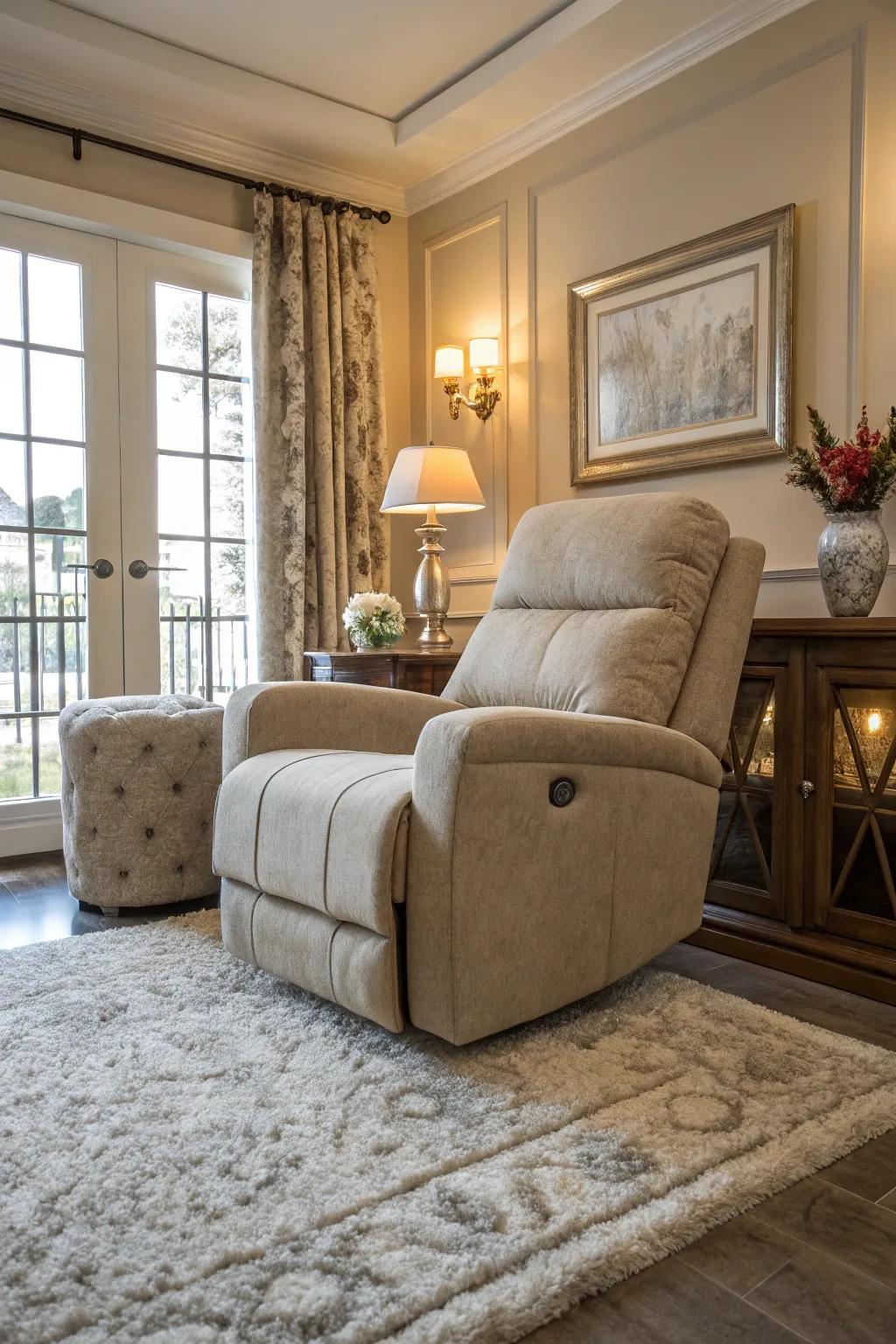A sumptuous sense of luxury is achieved with a recliner paired with an area rug in the living area.