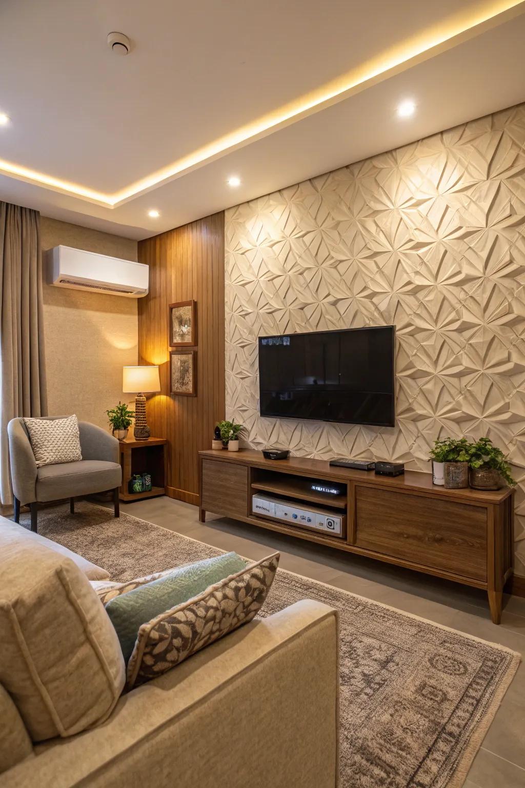 A feature wall enriches the TV space with dimension and intrigue.