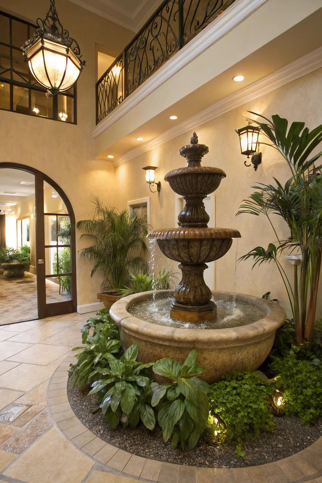 A calming foyer with a water feature