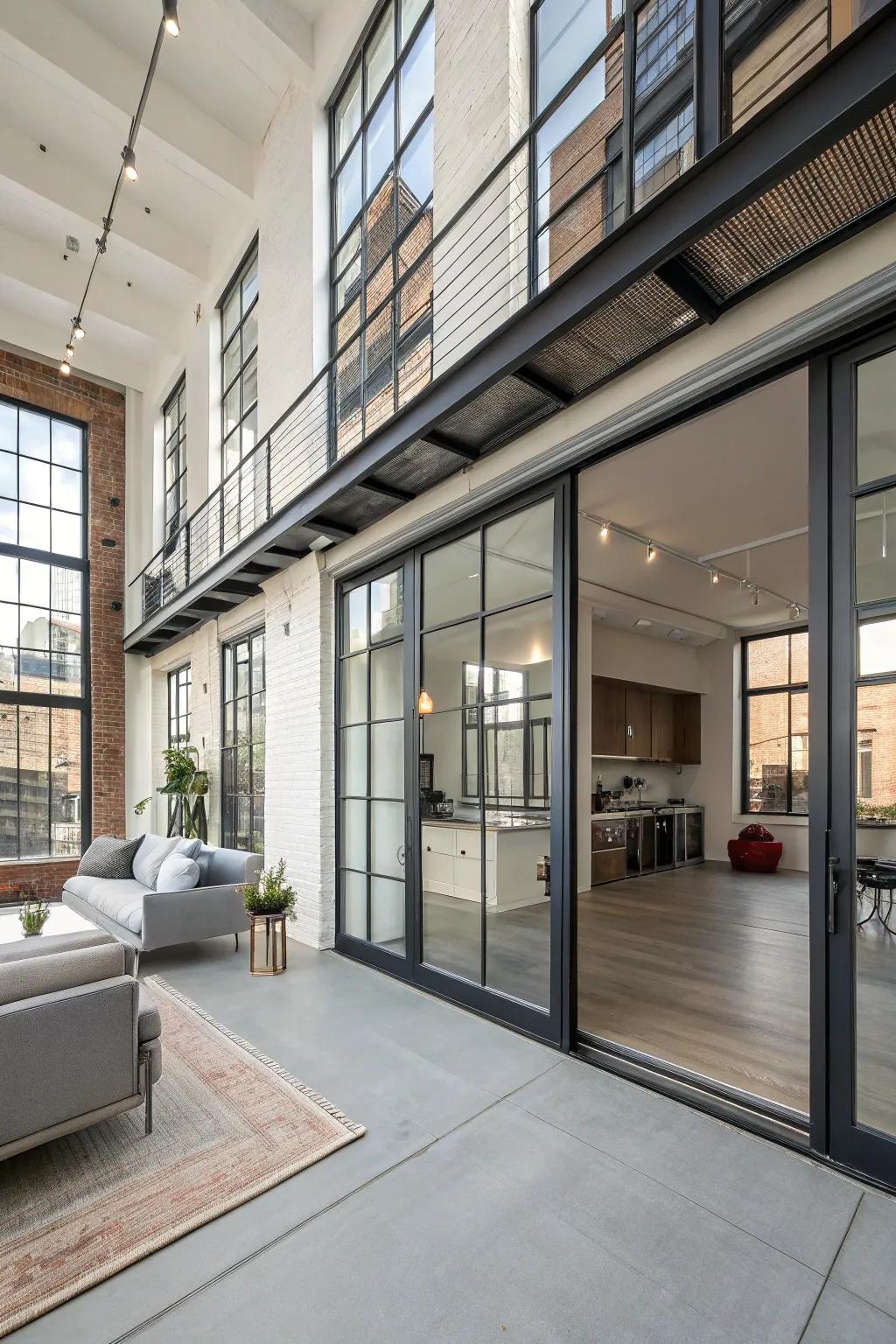 Trendy sliding doors in an open loft area.