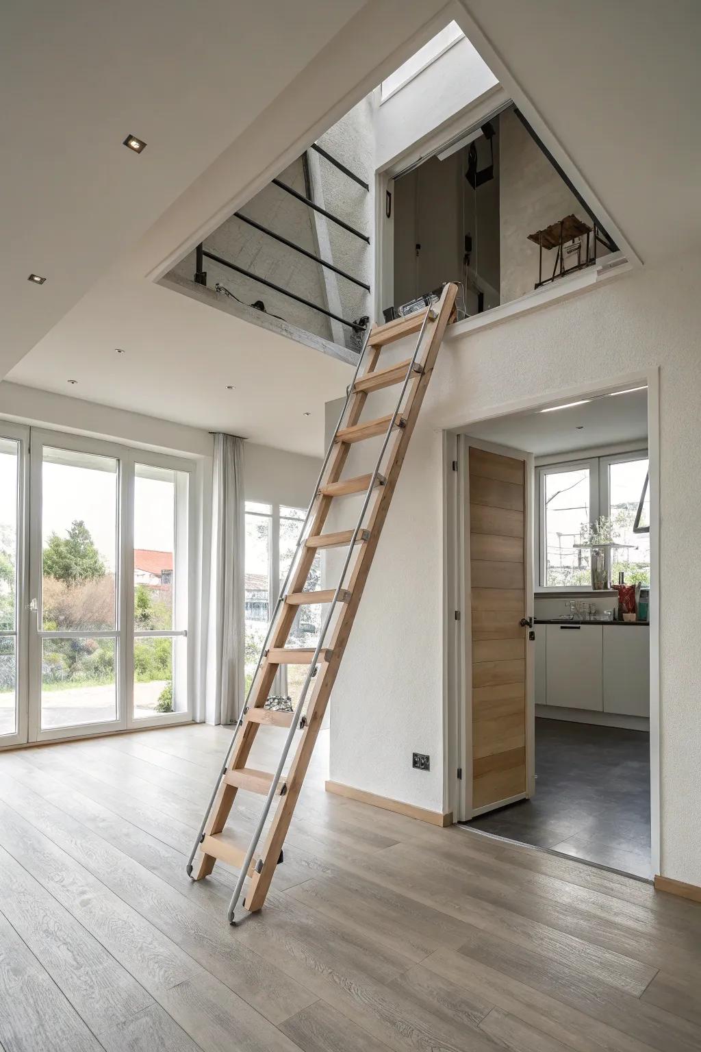 Hidden attic ladder for a smooth look.