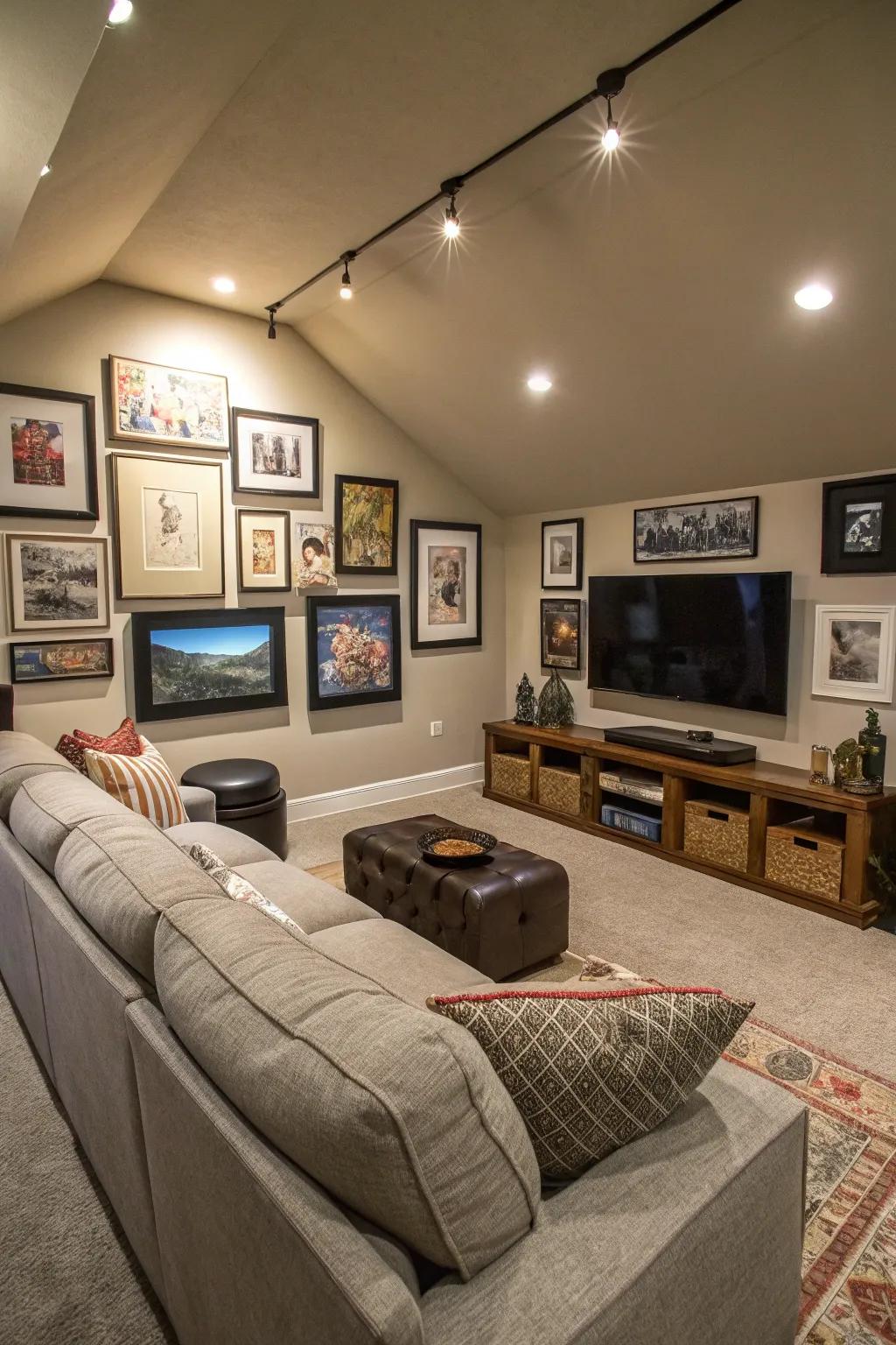 A gallery-style wall enhances your media space through art and memories.