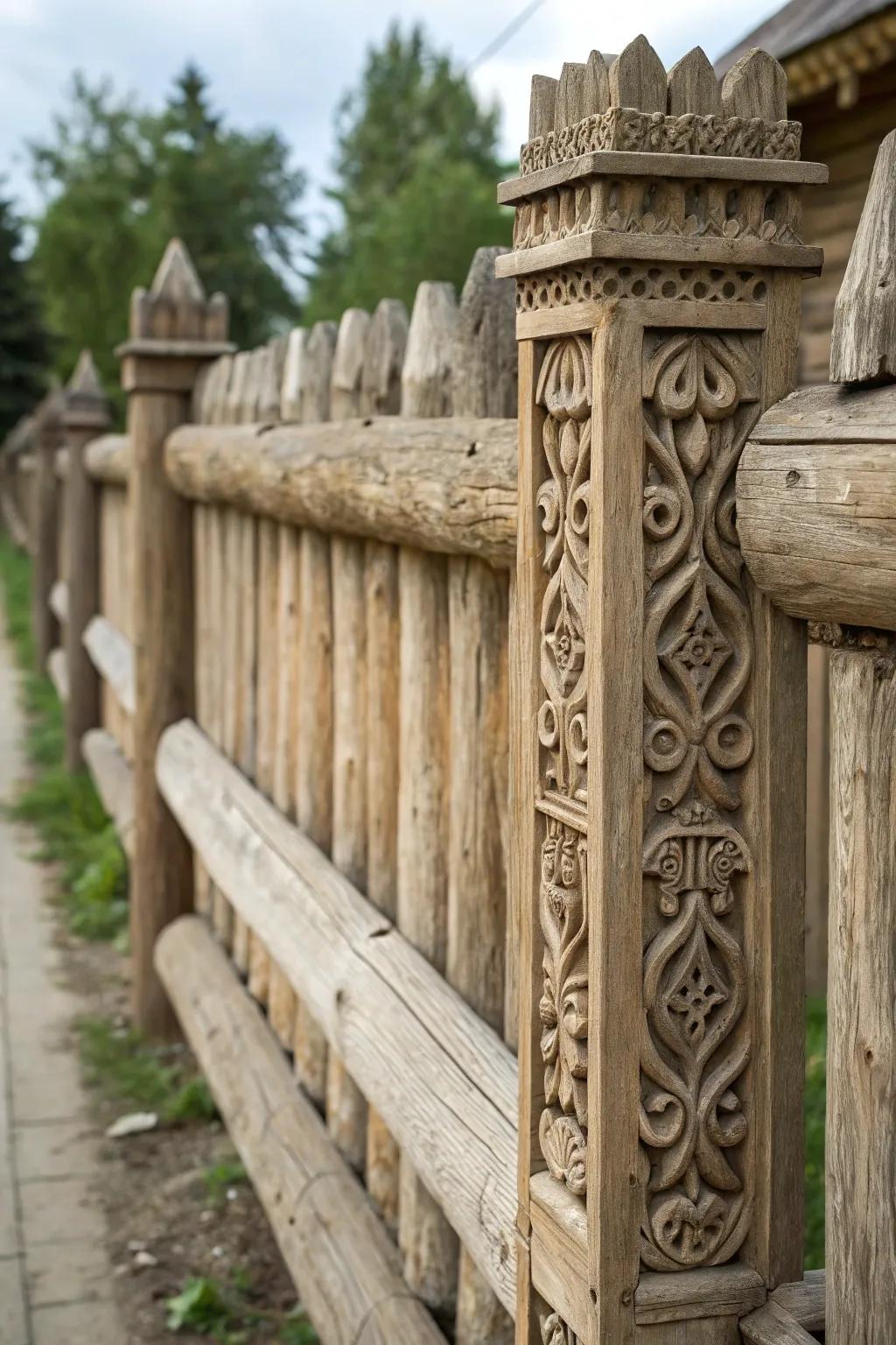 Engraved decor individualizes and elevates your log fence.