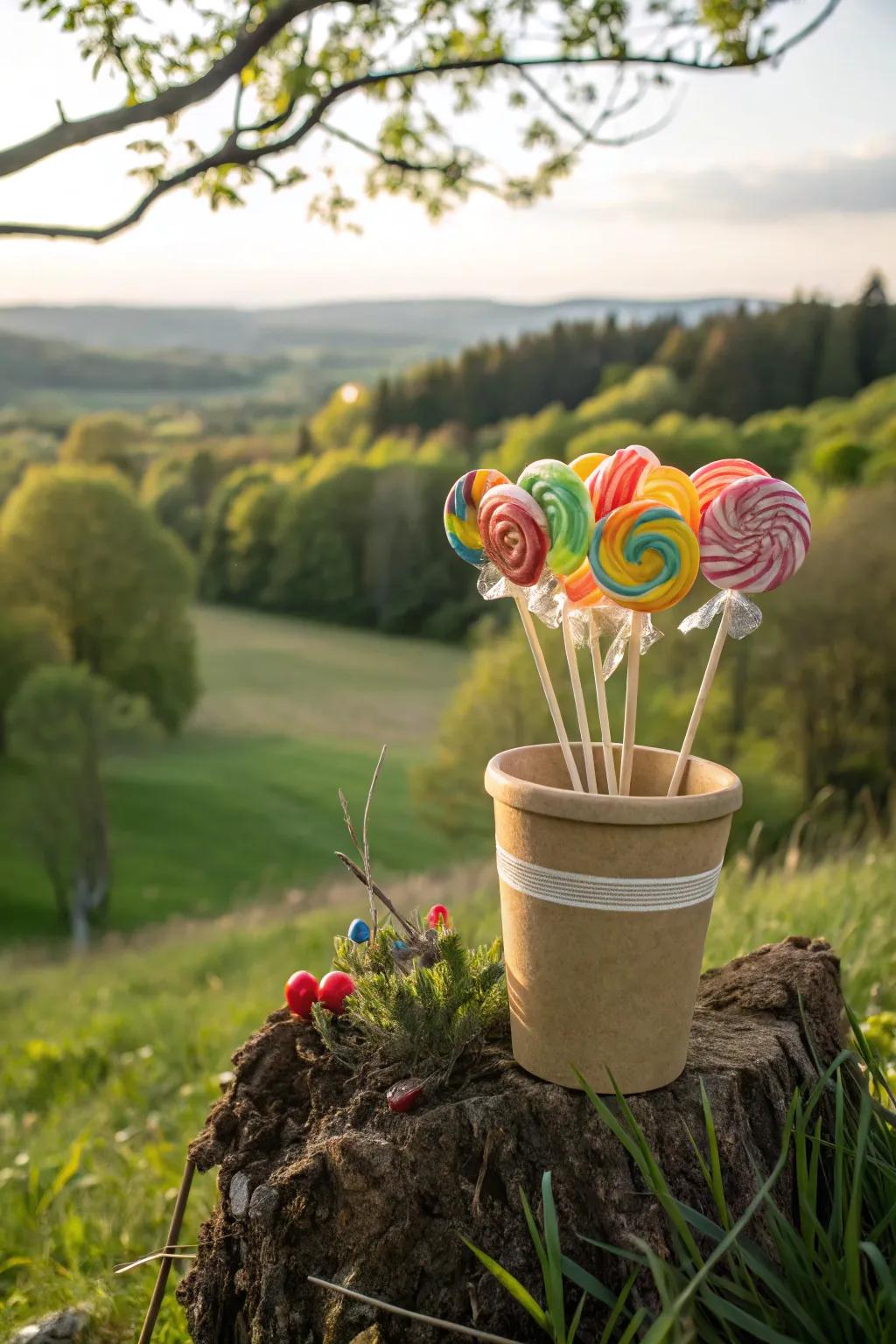 An environmentally sound sweet treat blossom arrangement housed within a biodegradable receptacle
