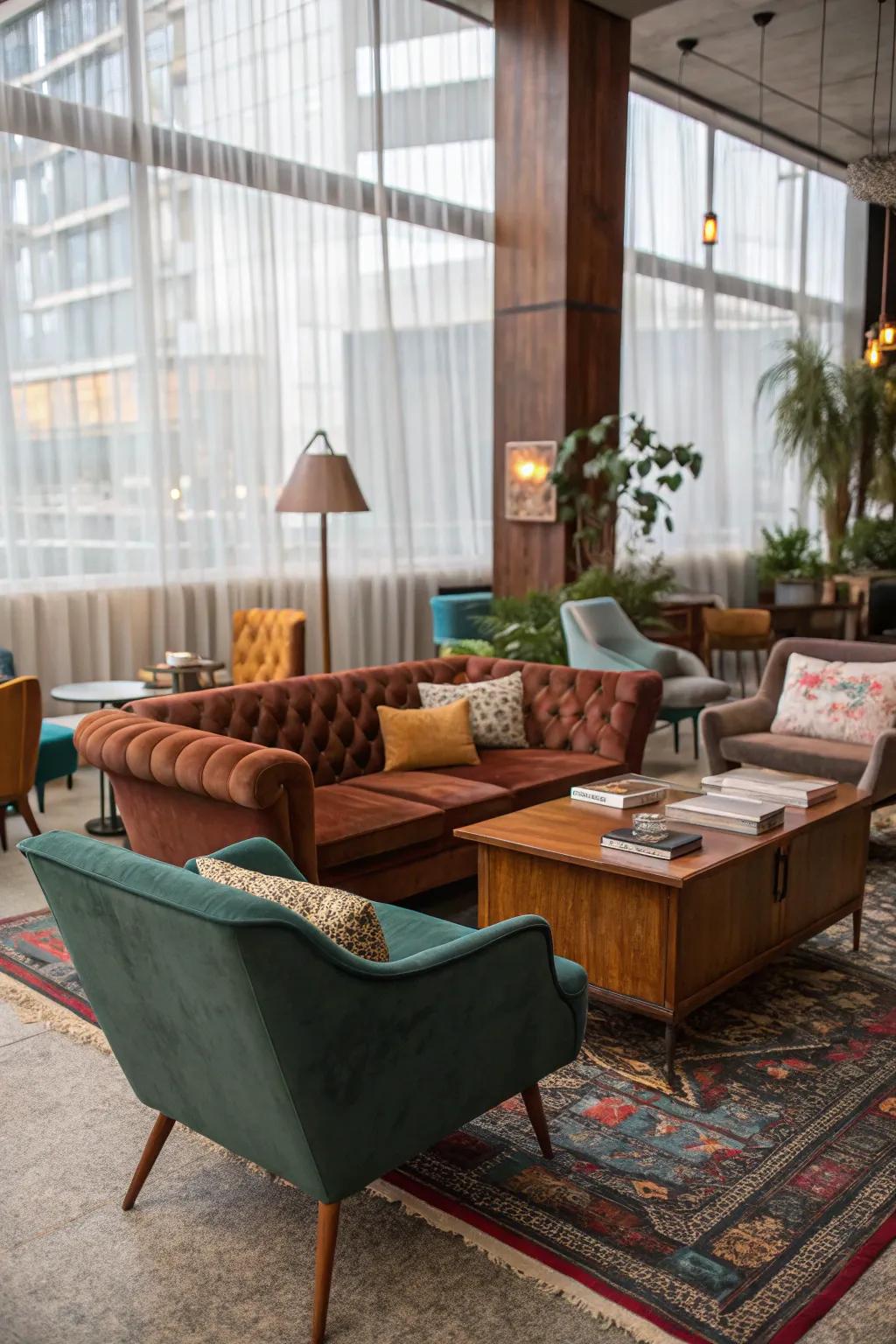 Diverse furniture creates a unique and personalized lounge area.