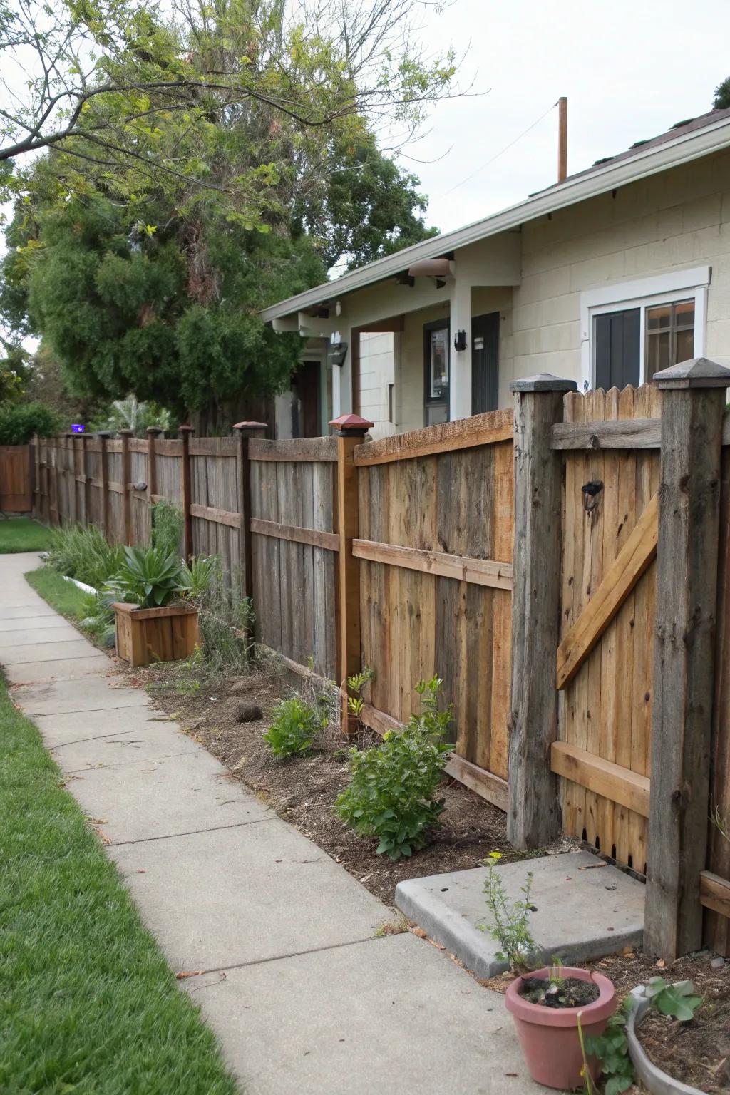A repurposed wood fence contributes warmth and character to this front garden.