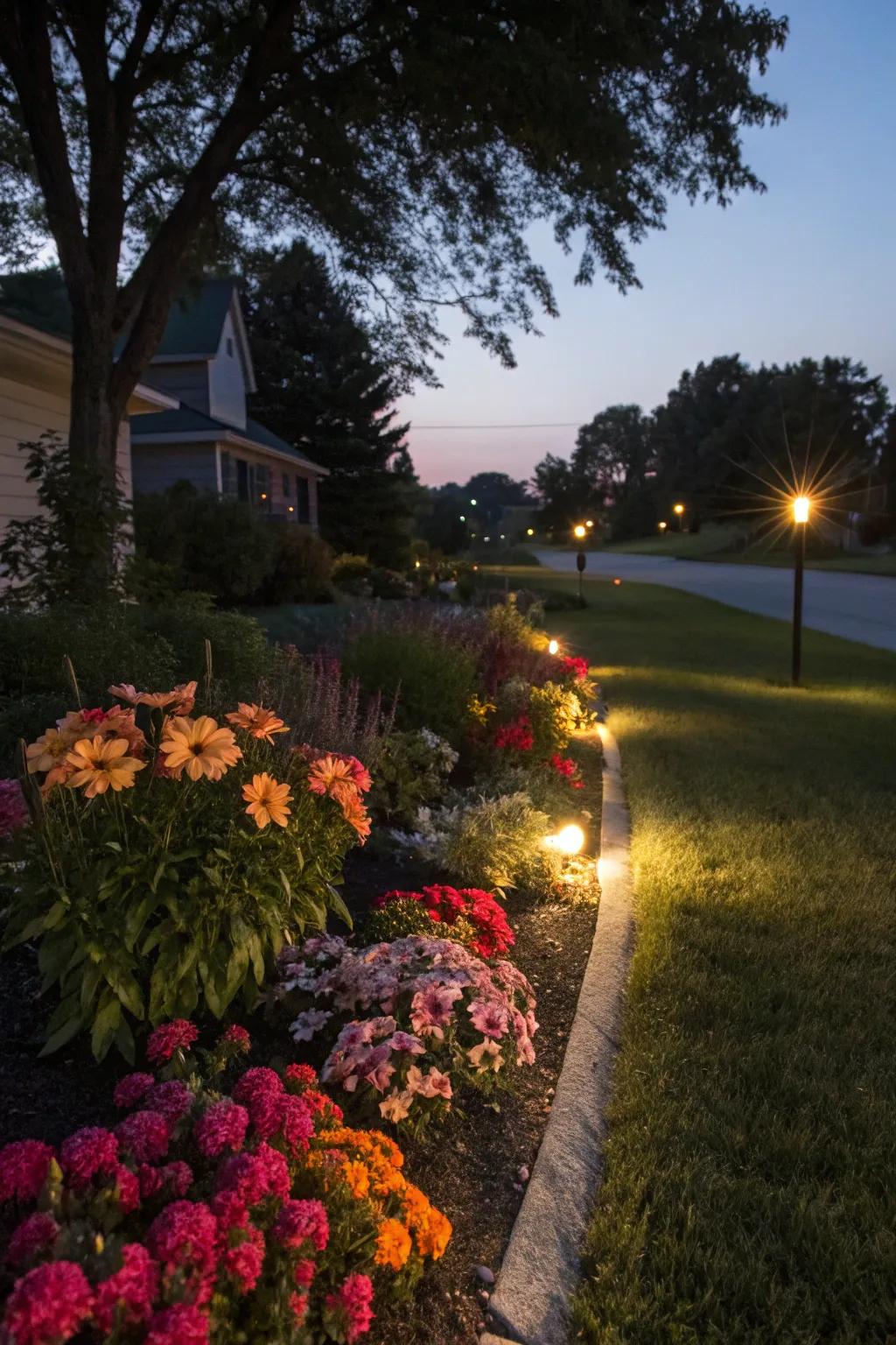Sun illumination enhances nighttime curb appeal effortlessly.