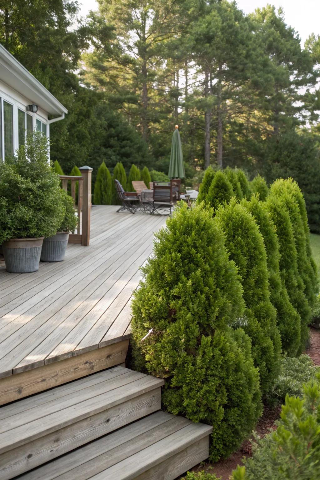 Evergreen bushes adding structure and privacy around a deck.