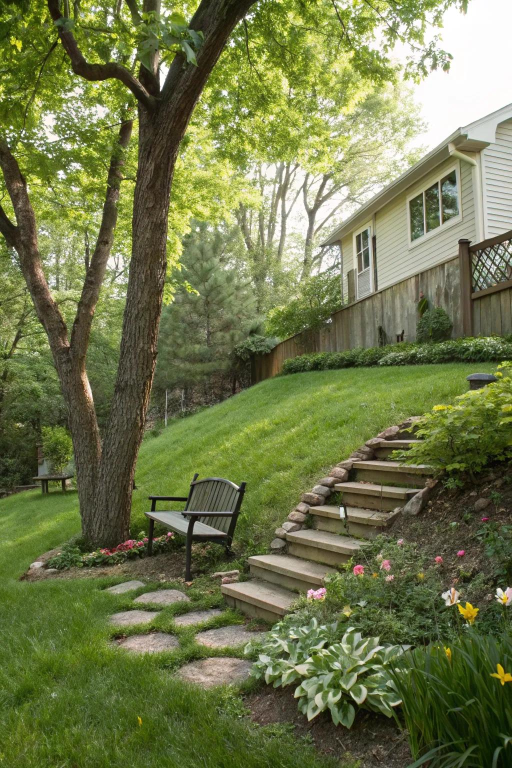 A sitting area adds a personal touch to sloping front yards.