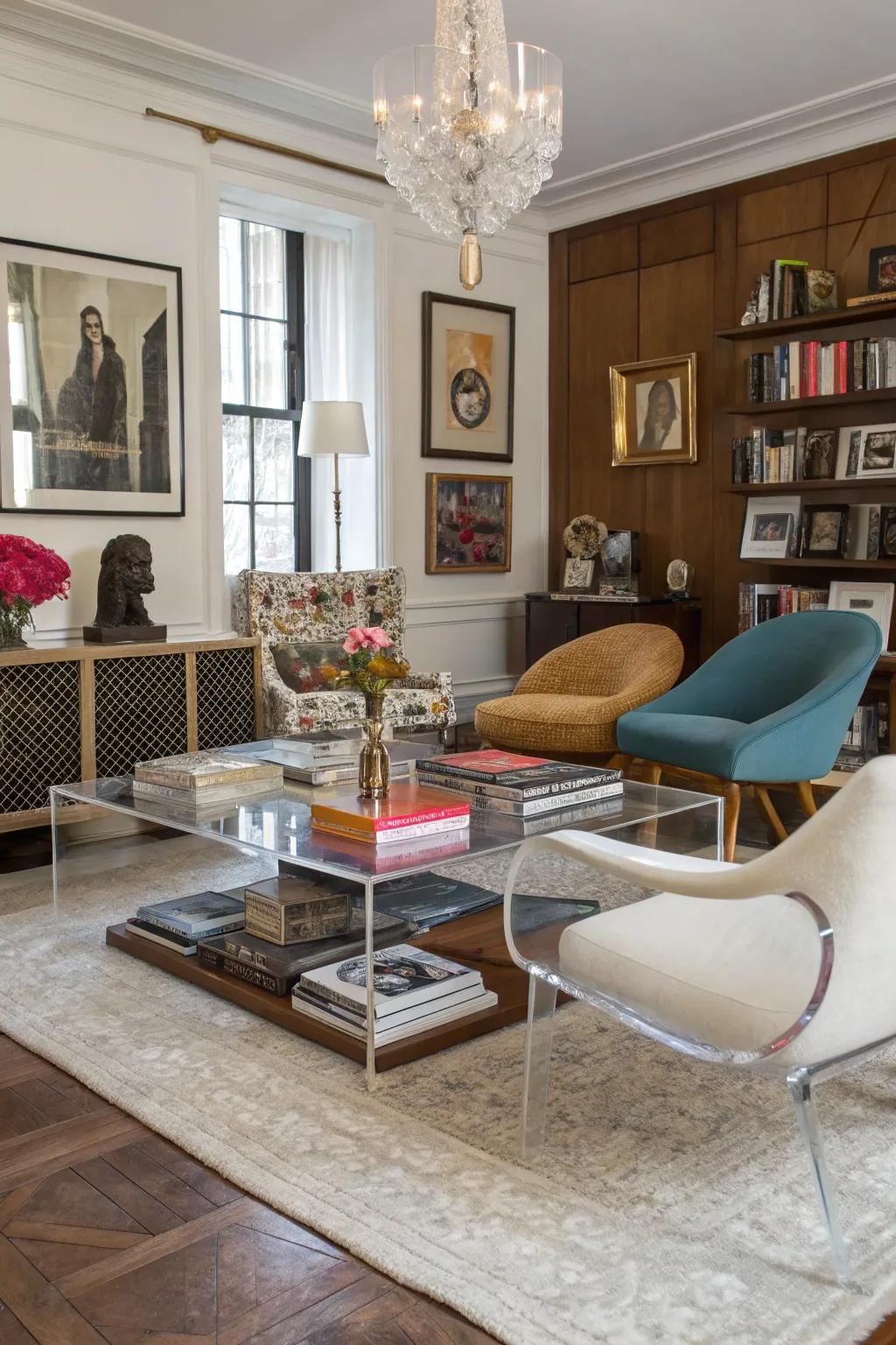 Acrylic items unify diverse decor styles.