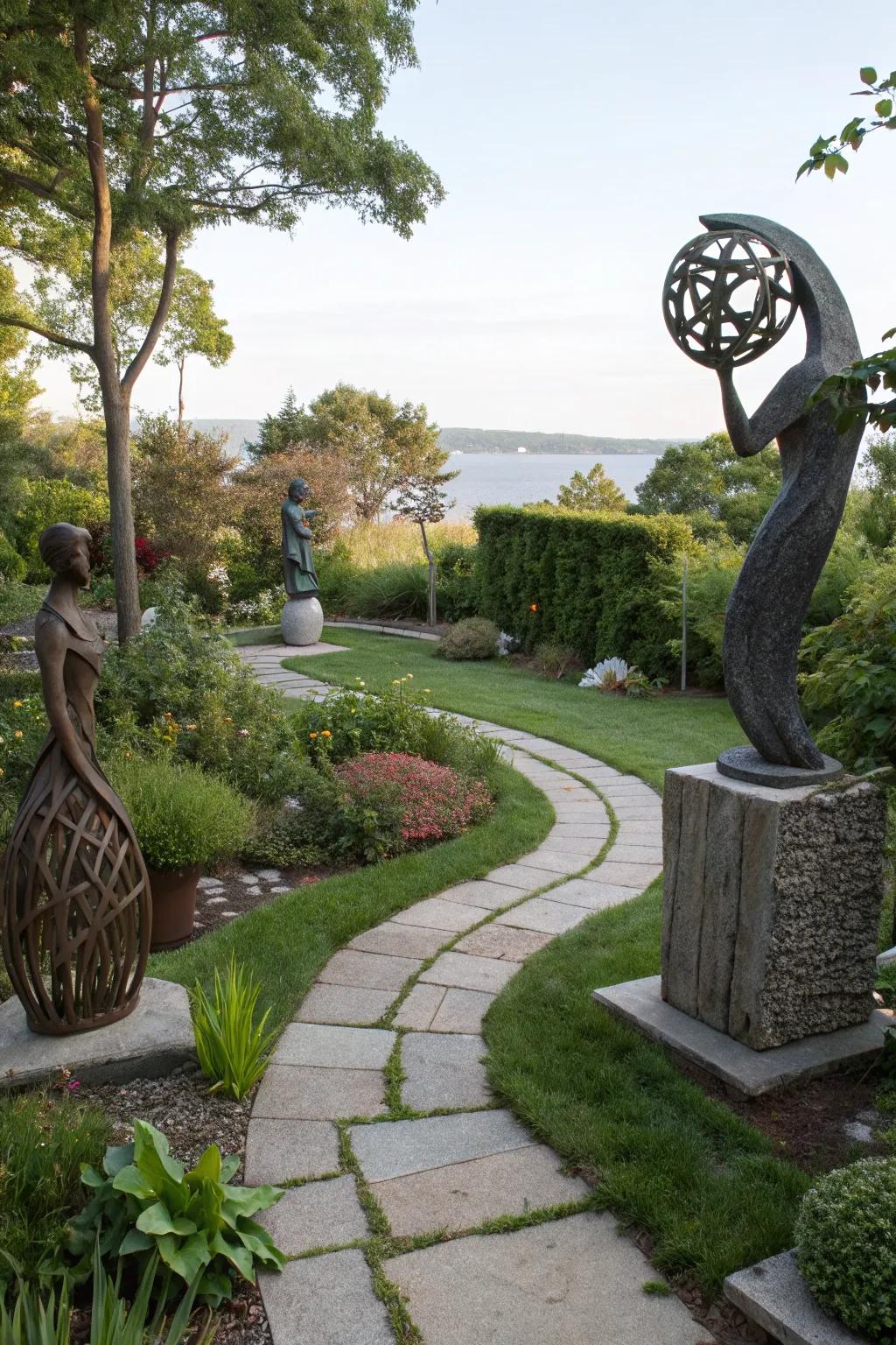 Abstract sculptures adding artistic flair to the backyard.