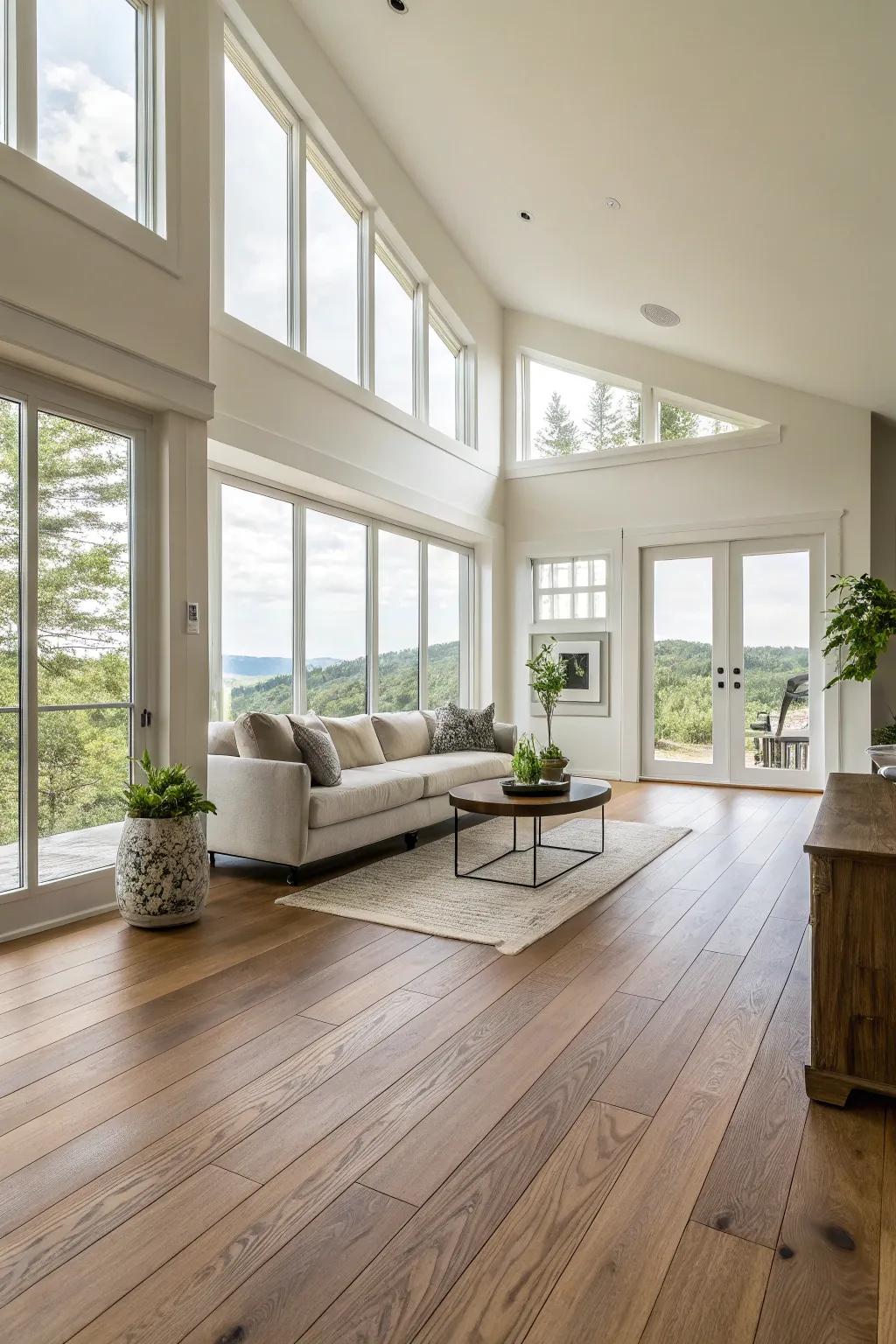 Expansive wood planks create a serene and spacious atmosphere.