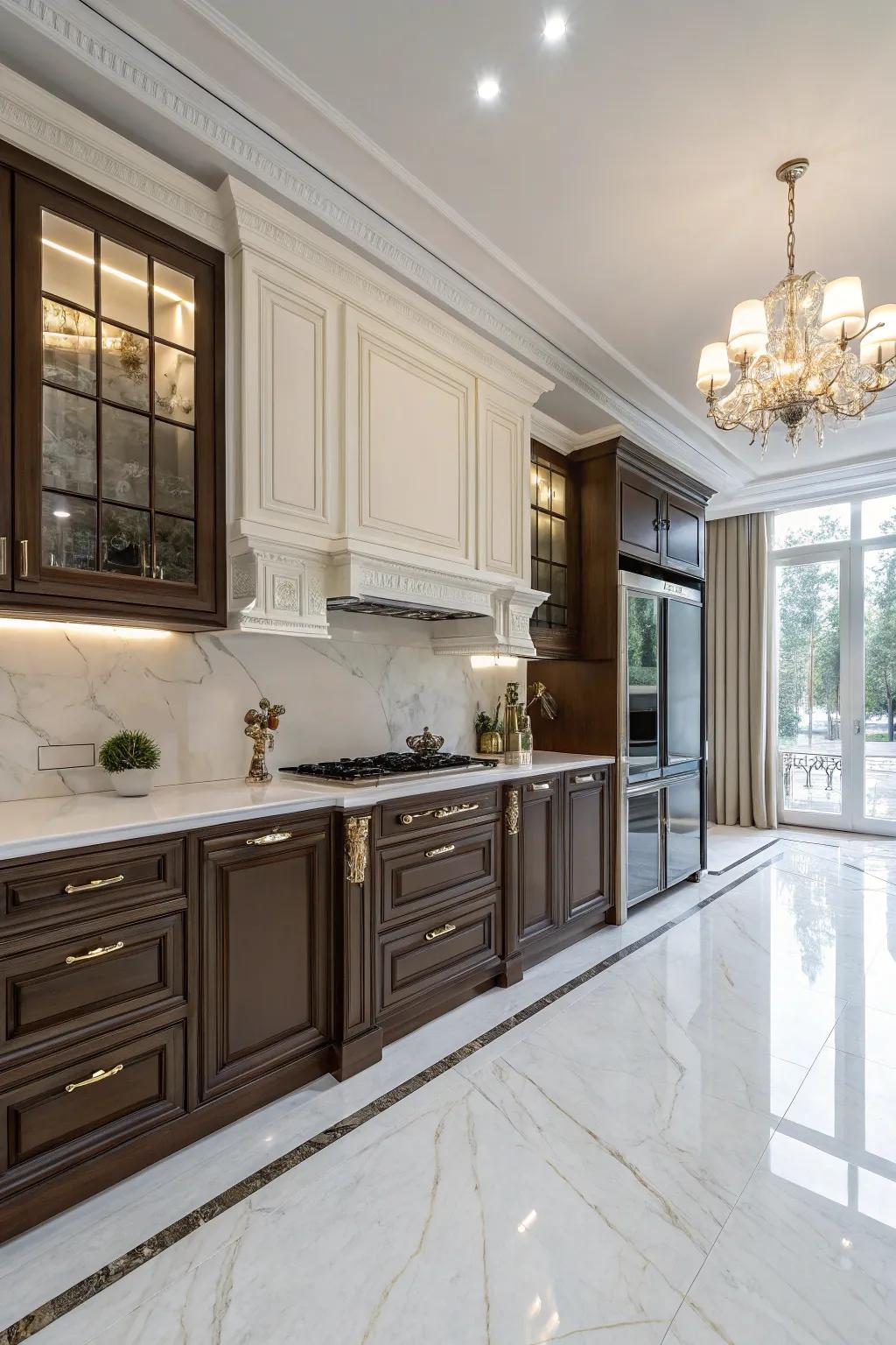 Dual-tone cupboards introduce depth and visual intrigue.