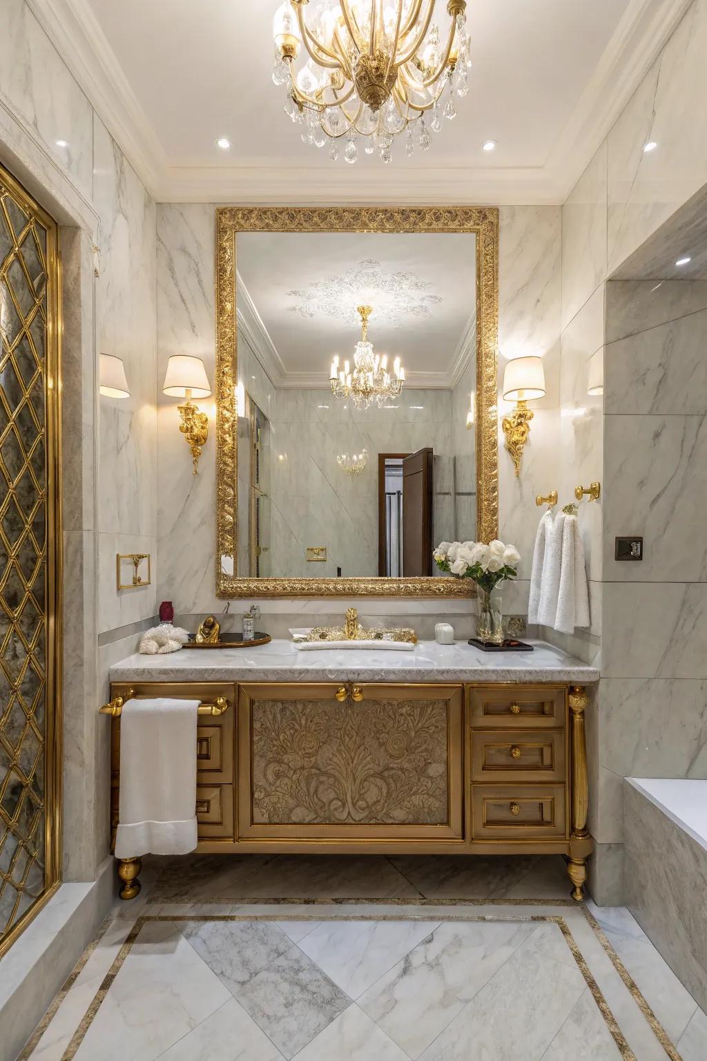A luxurious bathroom featuring a large striking reflector.