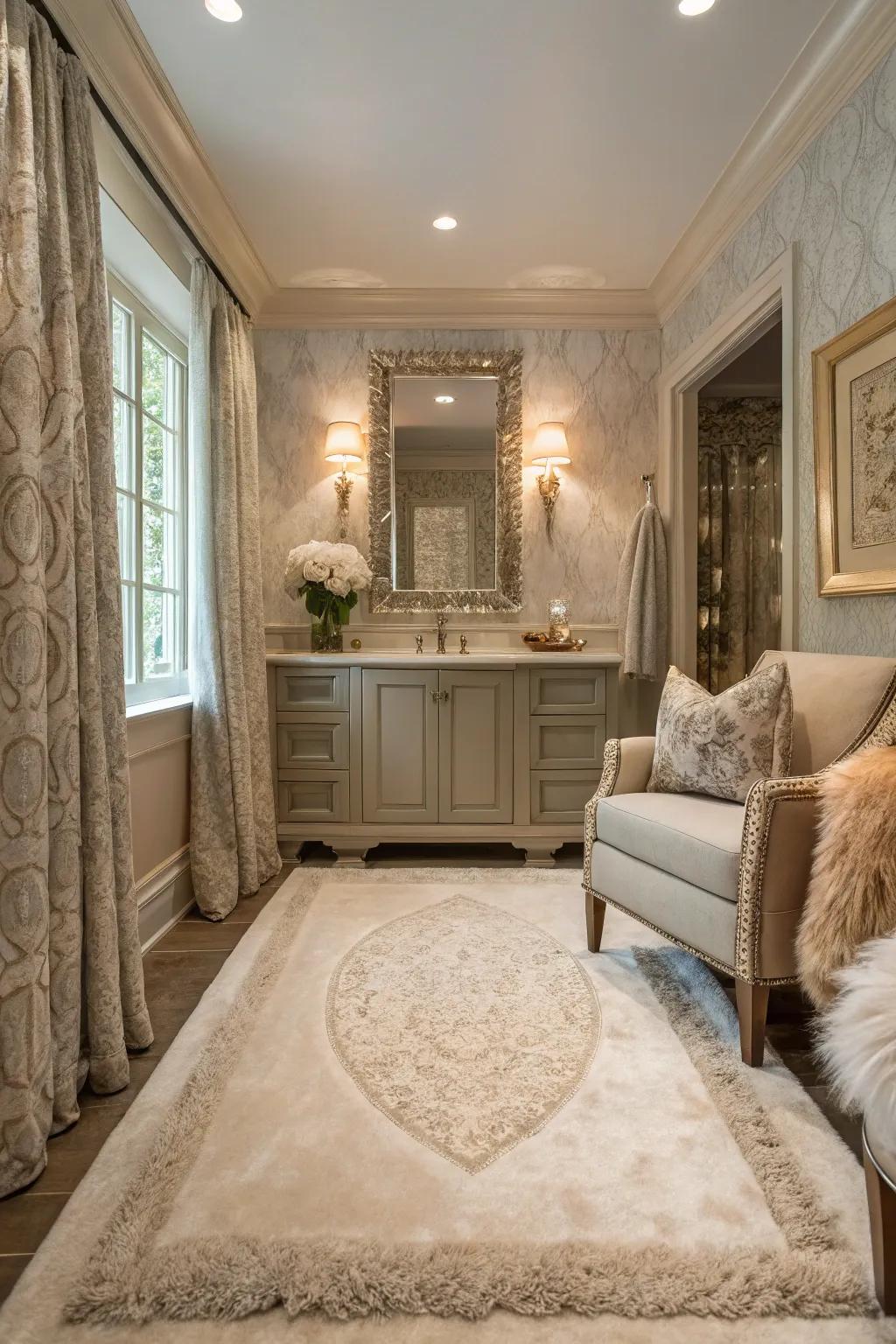 Lavish textiles inject comfort and warmth into this powder room.