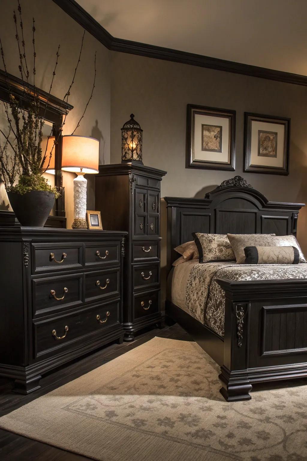 Dark wood furnishings adds warmth and complements the black theme in this elegant bedroom.