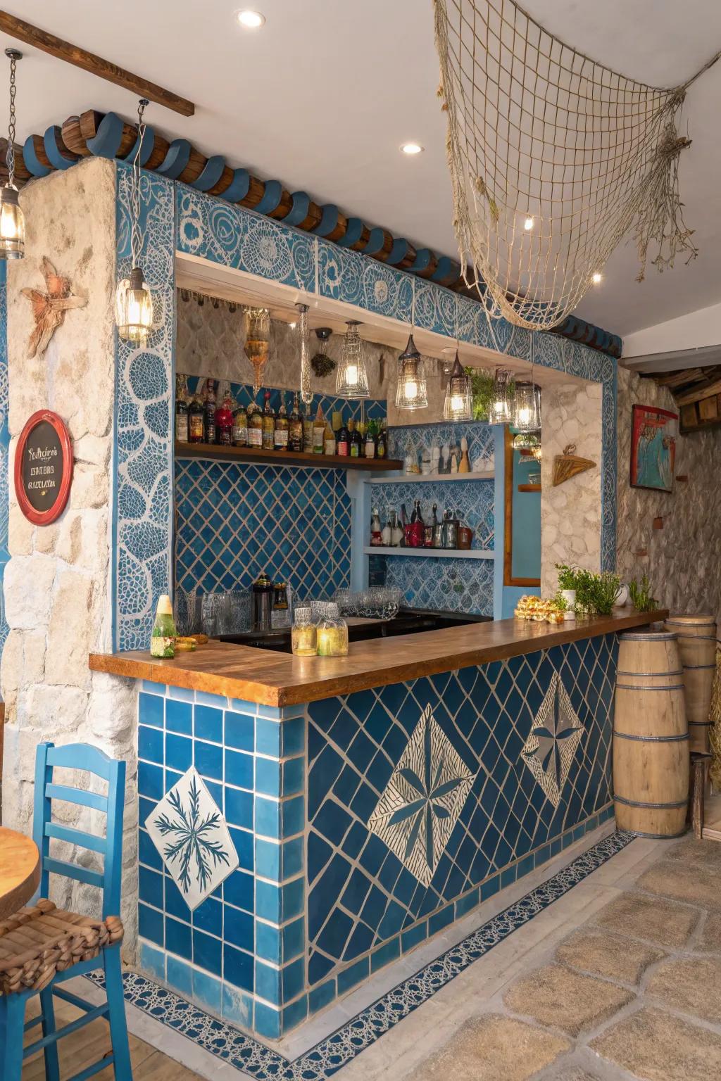 Design a seaside escape with a coastal Mediterranean theme.