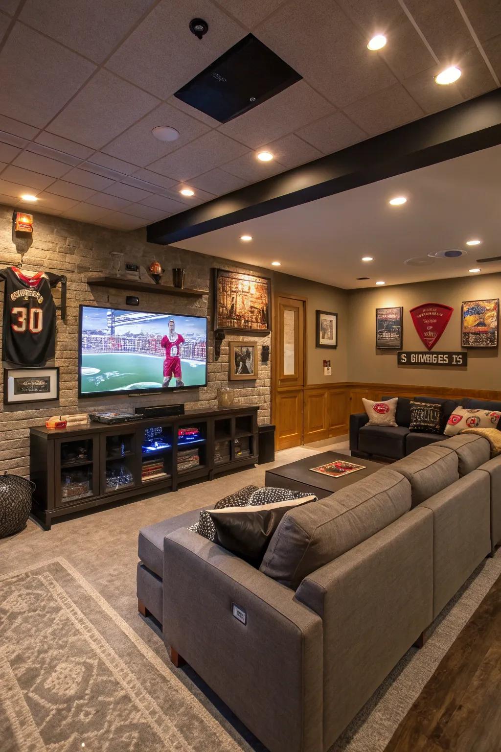 Integrated technology provides convenience in this modern man cave.